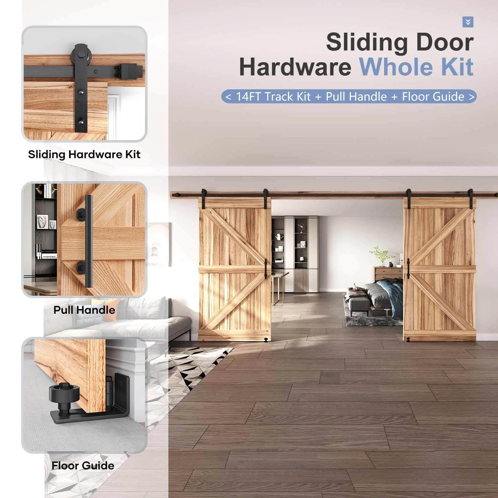 14 FT Double Sliding Barn Door Hardware Kit with Track and Handles, installed in living space, featuring sliding hardware, pull handle, and floor guide