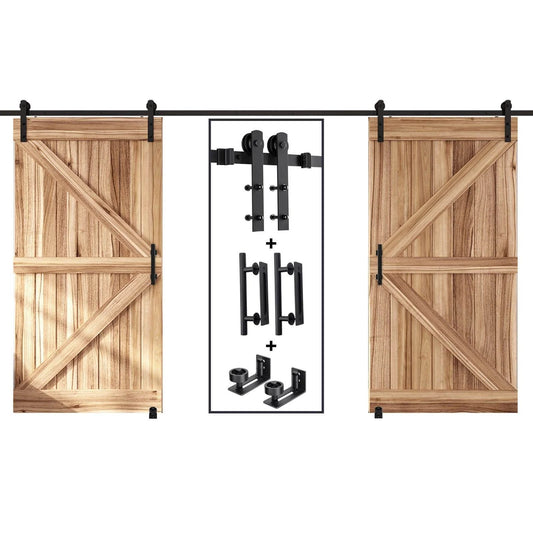 14 FT Double Sliding Barn Door Hardware Kit with Track and Handles, straight pulley system, heavy duty aluminum black powder coat