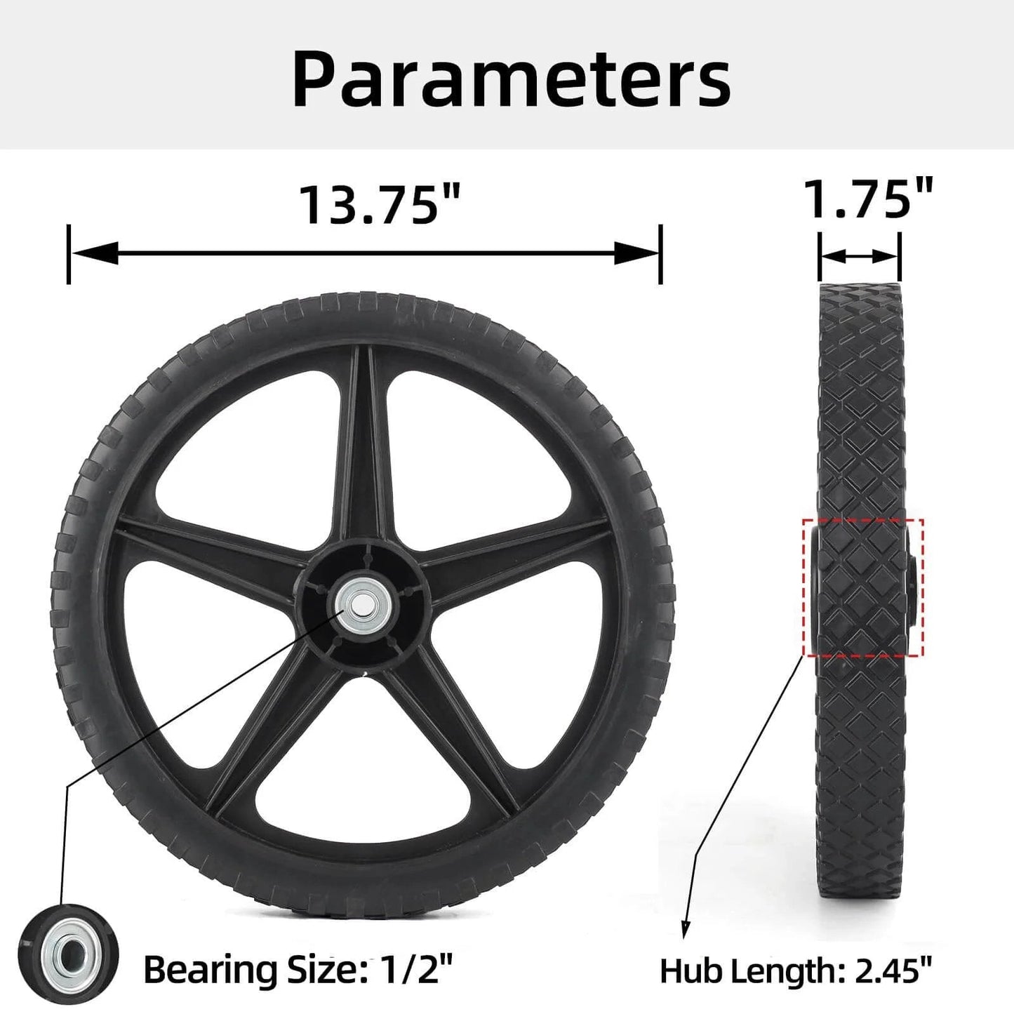 14 x 1.75 Inch Spoked Plastic Wheel and Tire 2 Pack with 2.45 Inch Hub Length and 1/2 Inch Bearing, dimensions shown