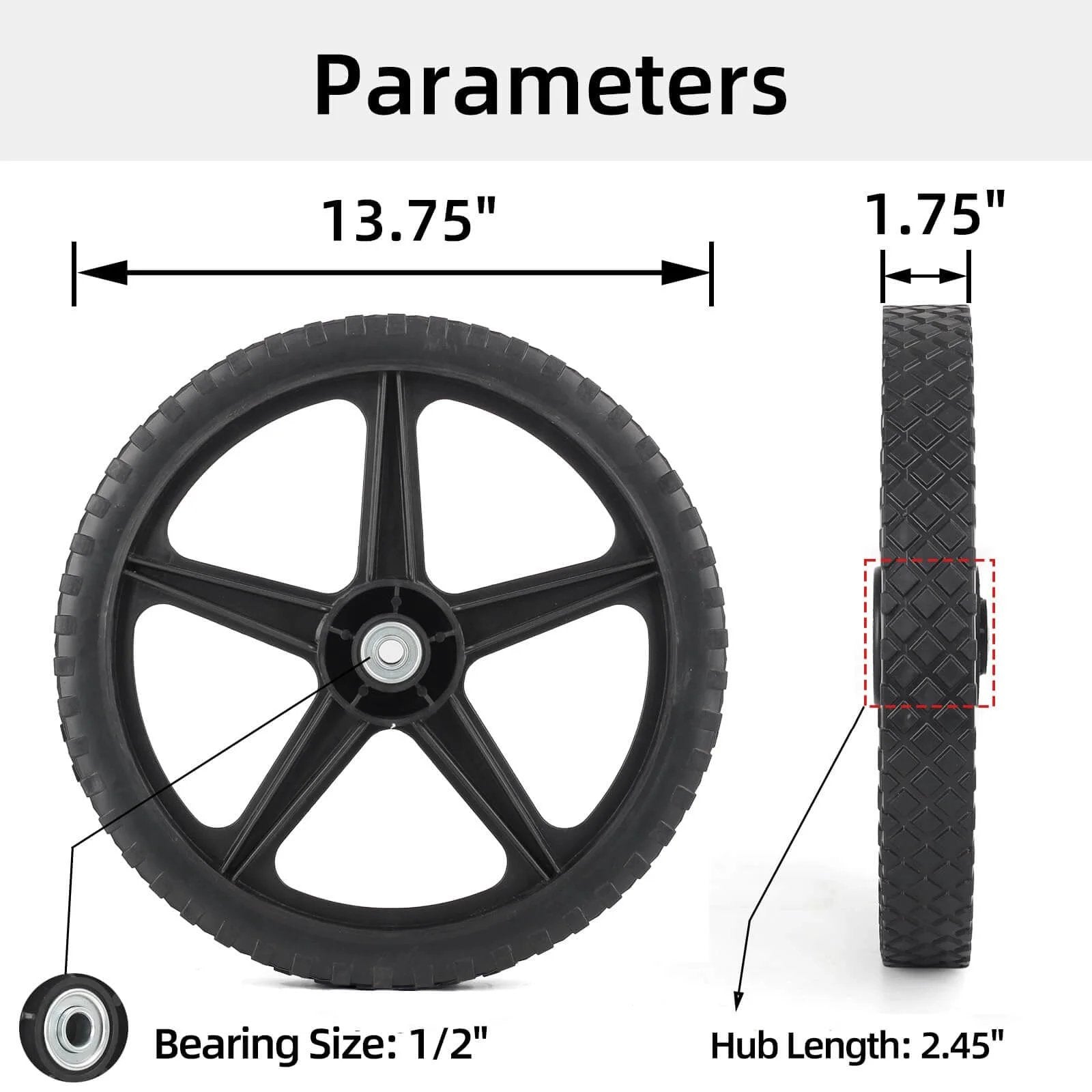 14 x 1.75 Inch Spoked Plastic Wheel and Tire 2 Pack with 2.45 Inch Hub Length and 1/2 Inch Bearing, dimensions shown