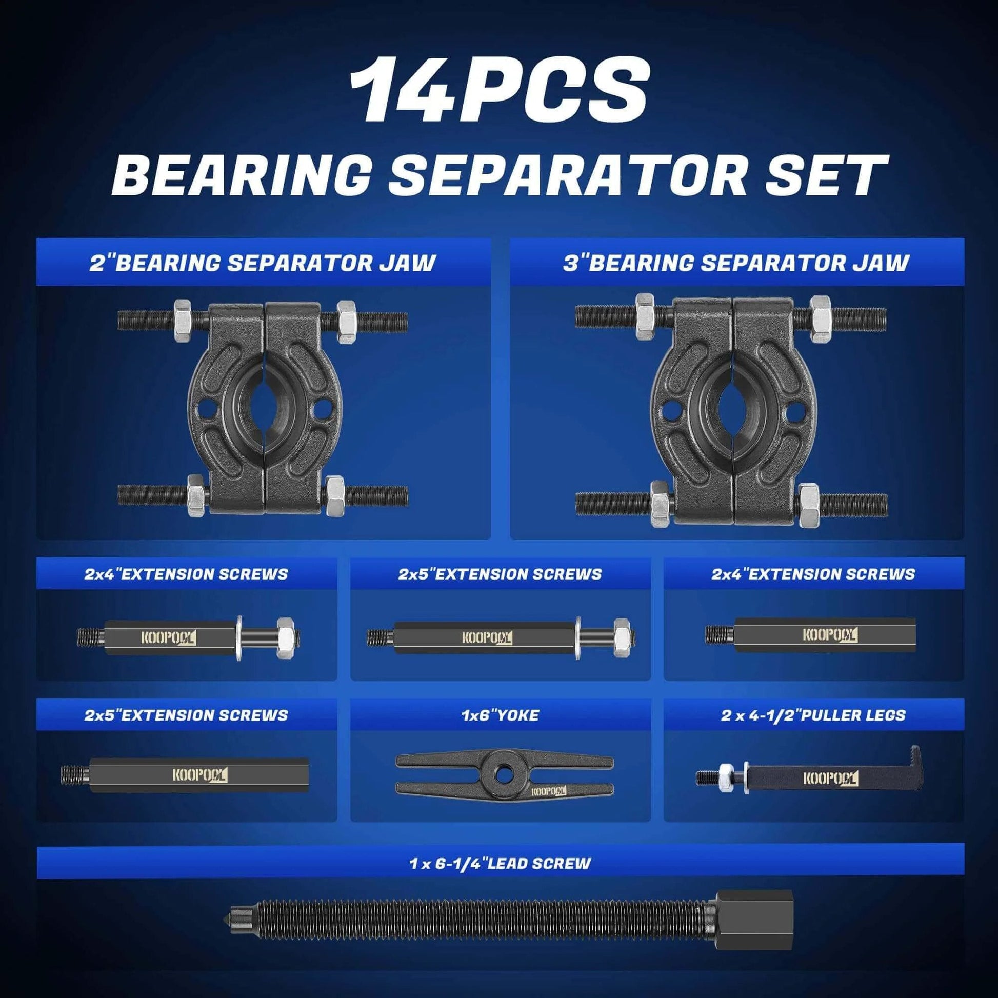14 pcs bearing puller and splitter kit 5 ton with 2 and 3 inch separator jaws