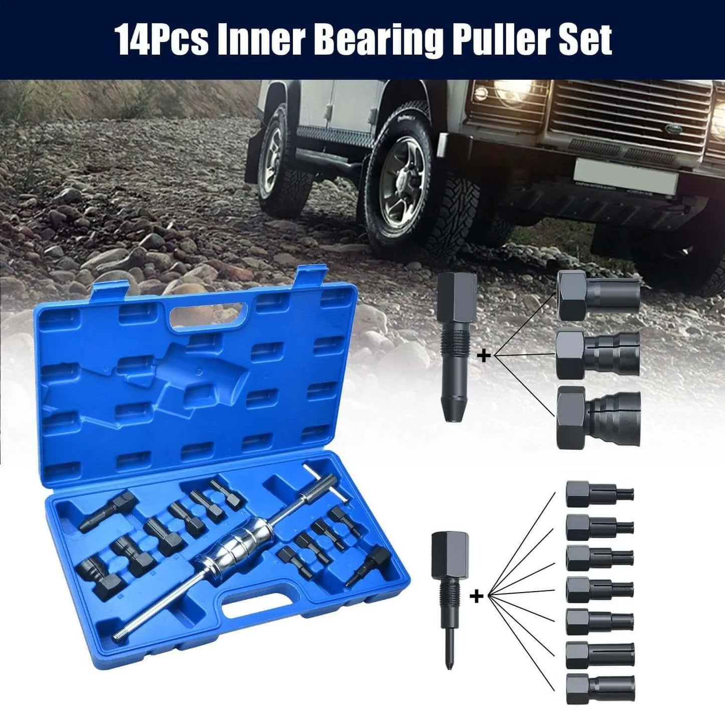 14pcs Inner Bearing Puller Set displayed in a blue carrying case with assorted tools, including a slide hammer and expandable collets