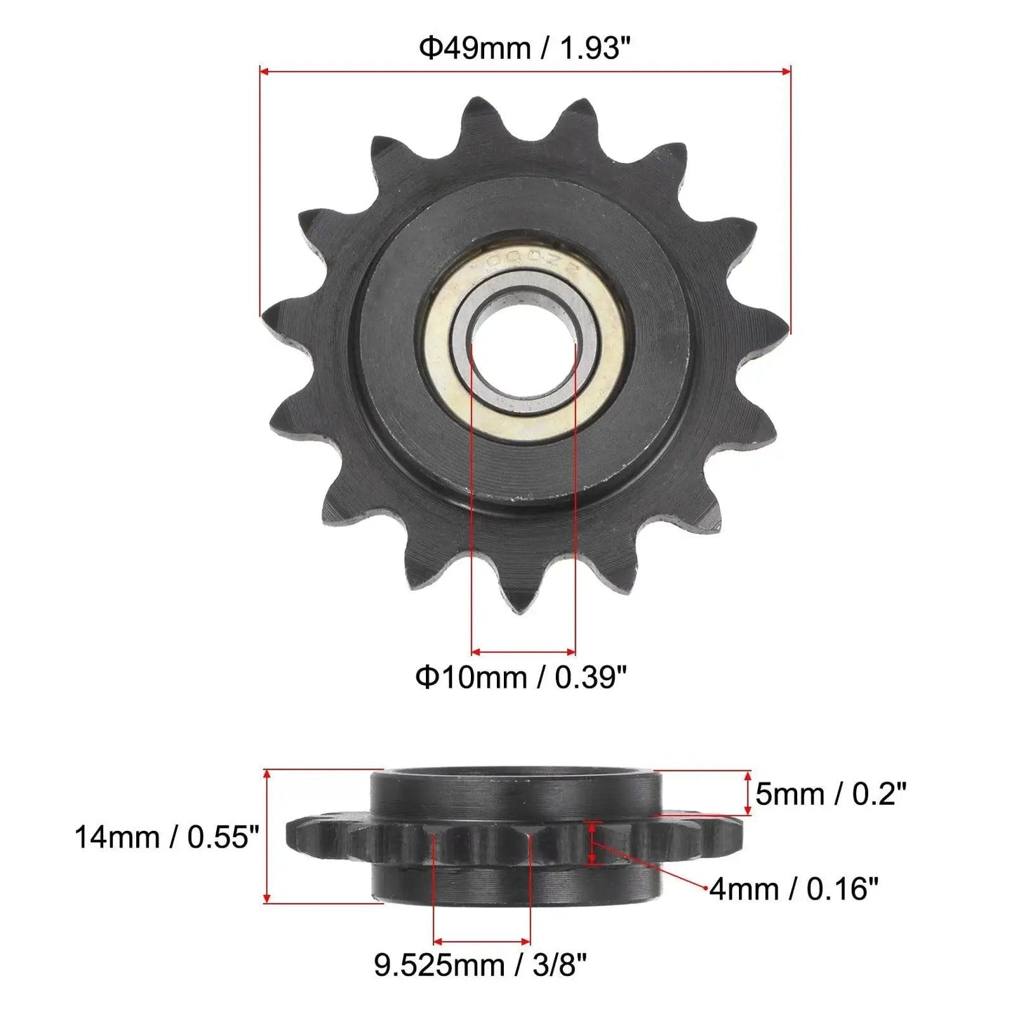 Front and side view of a 15 Tooth Chain Idler Sprocket For Three Eighths Inch Pitch With 10mm Bore And Bearing, showing dimensions.