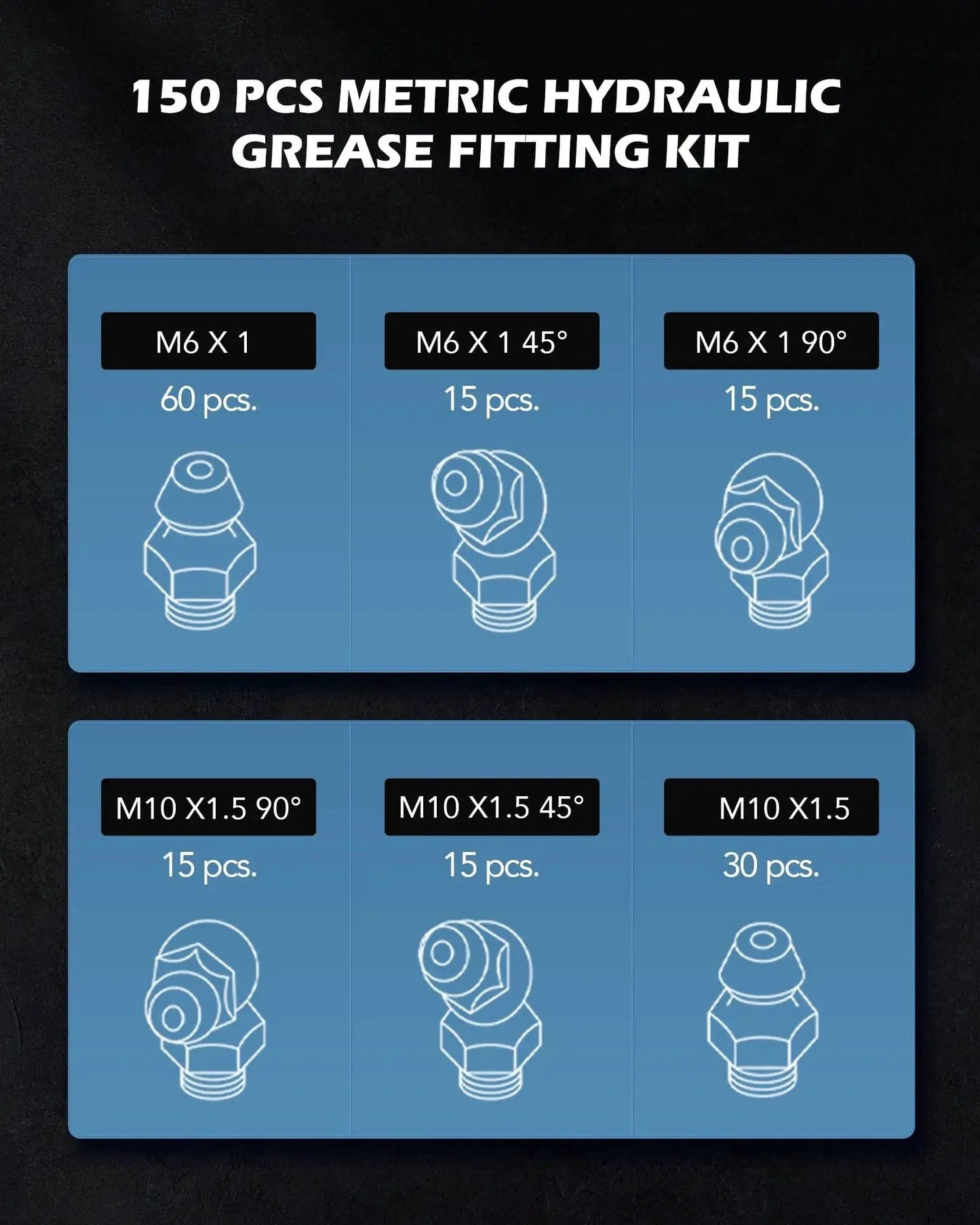 All In One 150 Piece Metric Grease Fittings Kit With M6 M10 Straight And 45 Degree And 90 Degree Angled Hydraulic Zerk Assortment