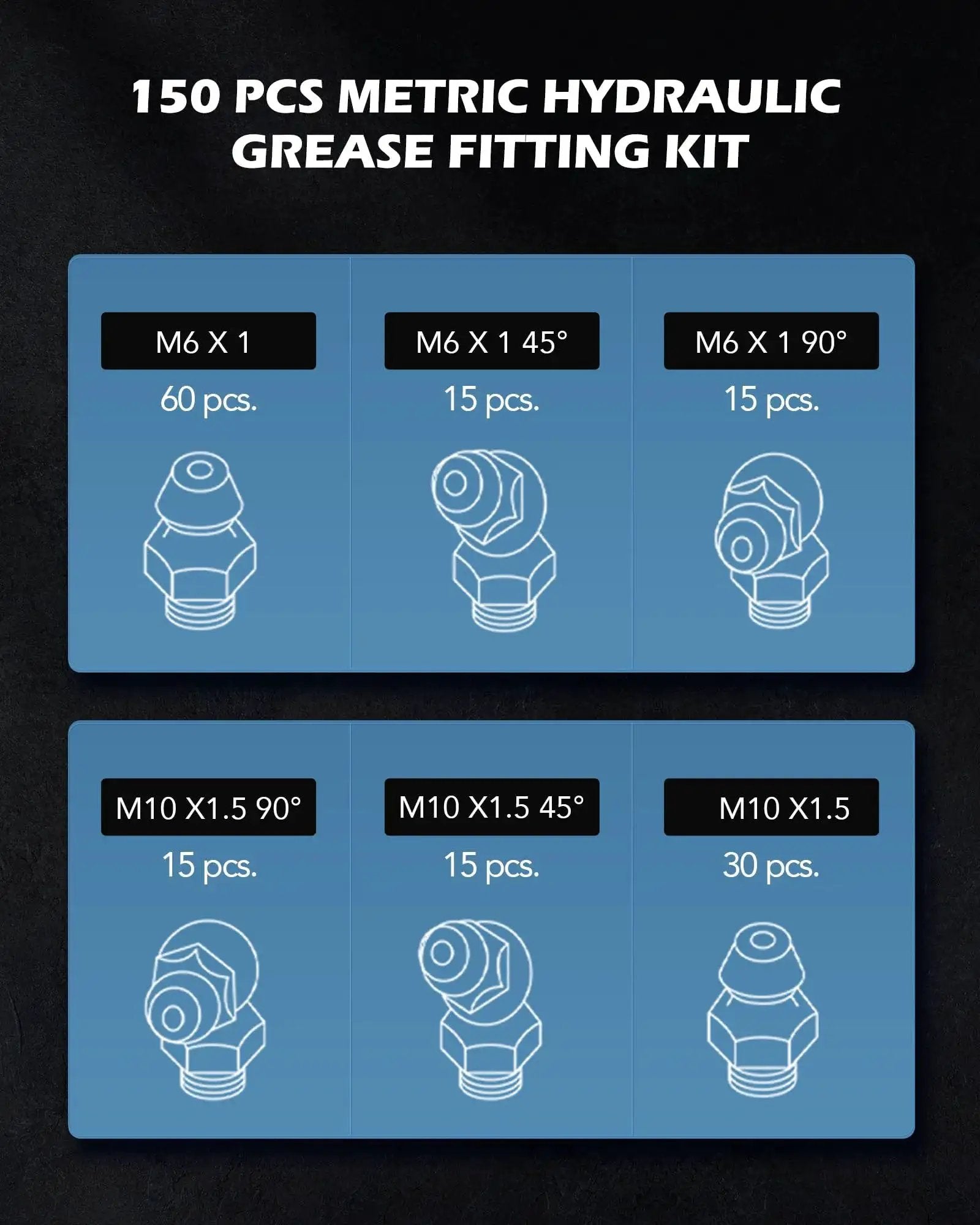 All In One 150 Piece Metric Grease Fittings Kit With M6 M10 Straight And 45 Degree And 90 Degree Angled Hydraulic Zerk Assortment
