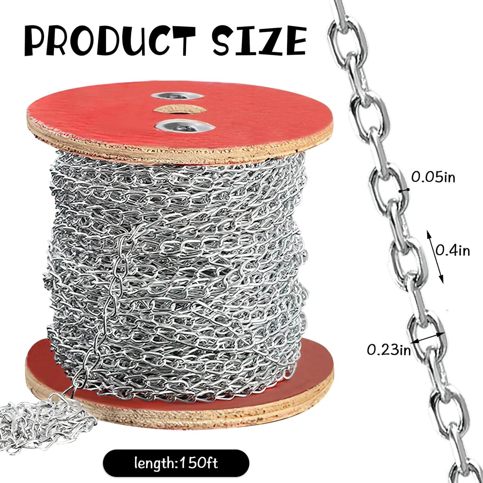 150ft Jack Chain, Galvanized Steel Link Chain with Spool Strong Heavy Coil Chain Hanging Chain Metal Light Fixture Chain