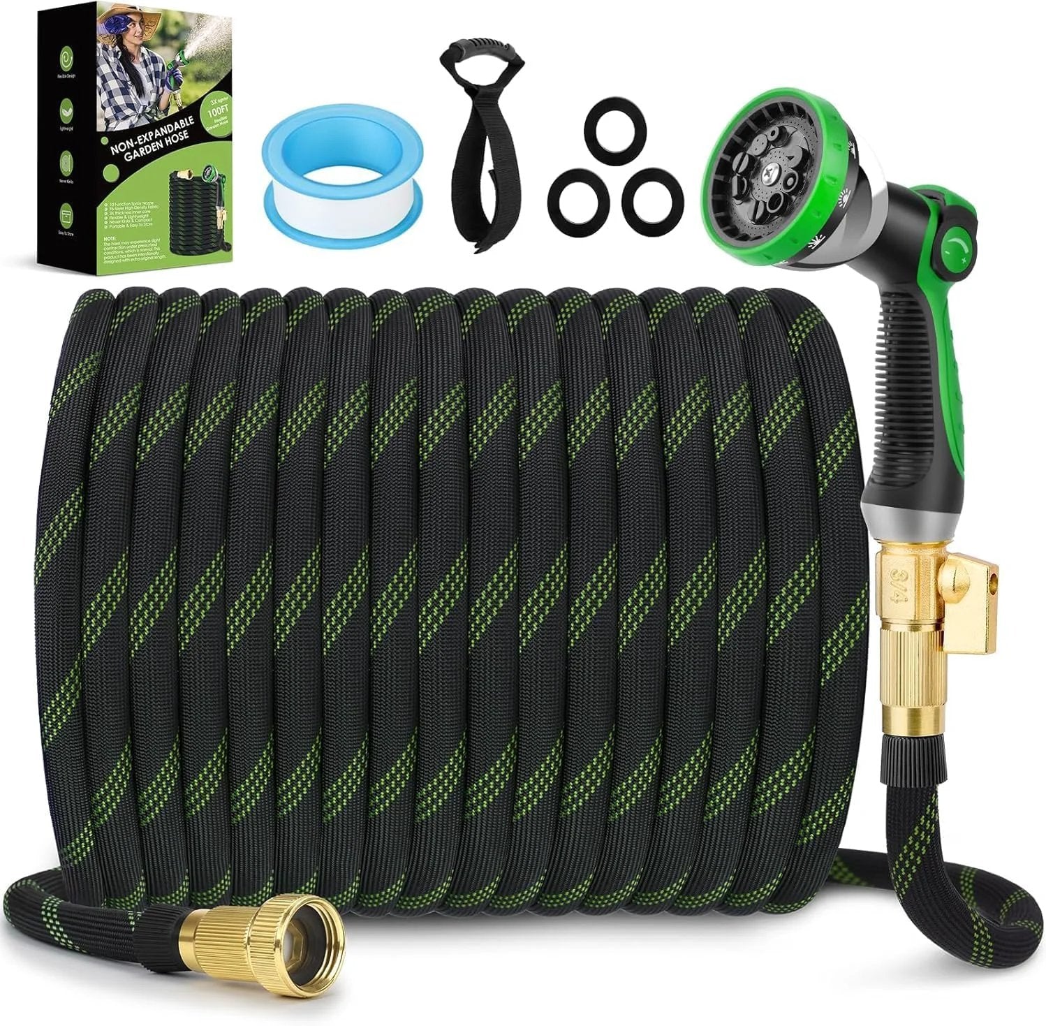 Non Expandable Garden Hose 150 Ft Ultra Lightweight And Flexible Water Hose With 10 Pattern Spray Nozzle coiled with accessories.