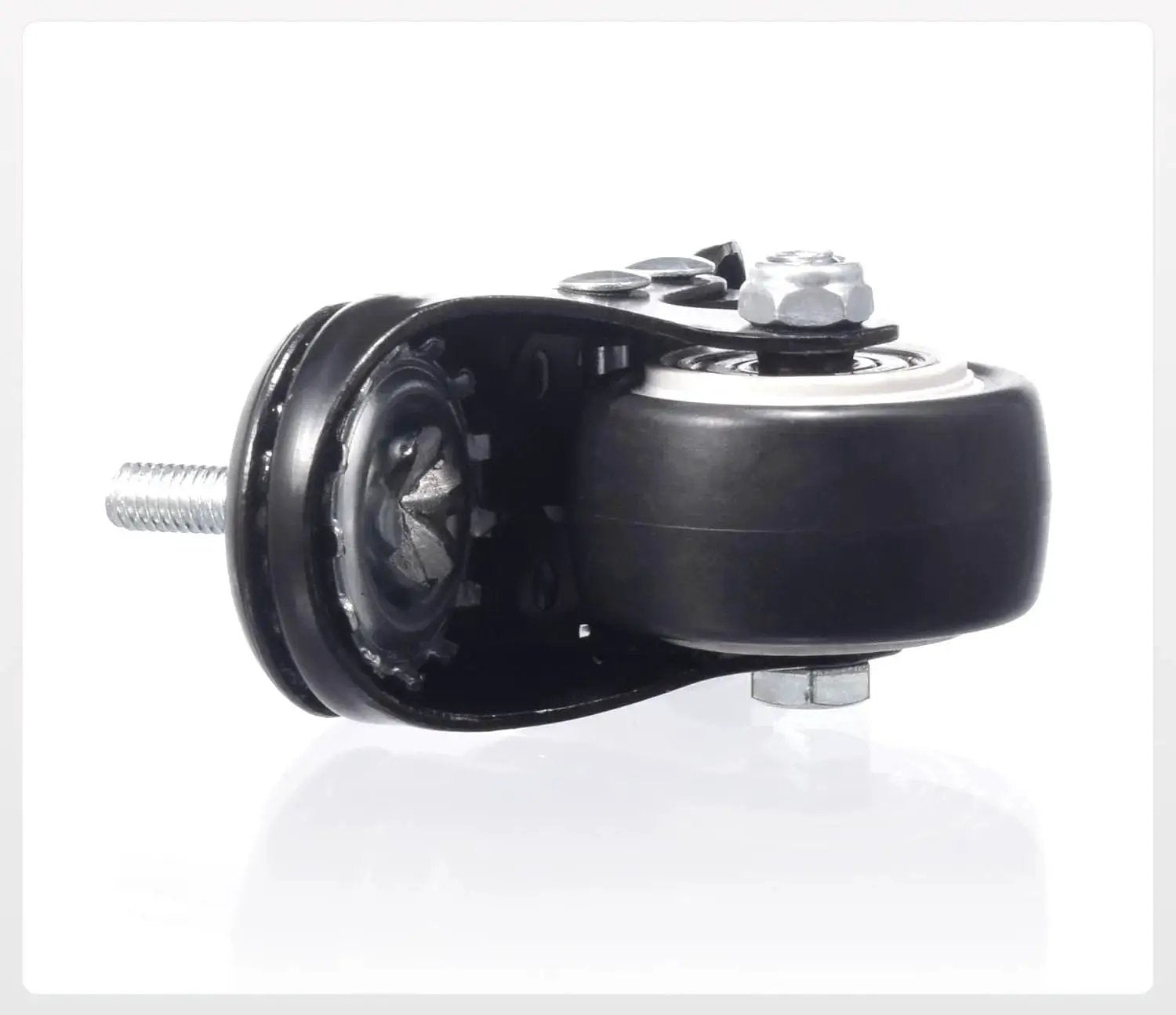 Side view of 1.5 Inch Caster Wheels Set Of 4 Heavy Duty Swivel Casters With Brakes M6 X 15mm Threaded Stem PU Non Marring Wheels 360 Degree