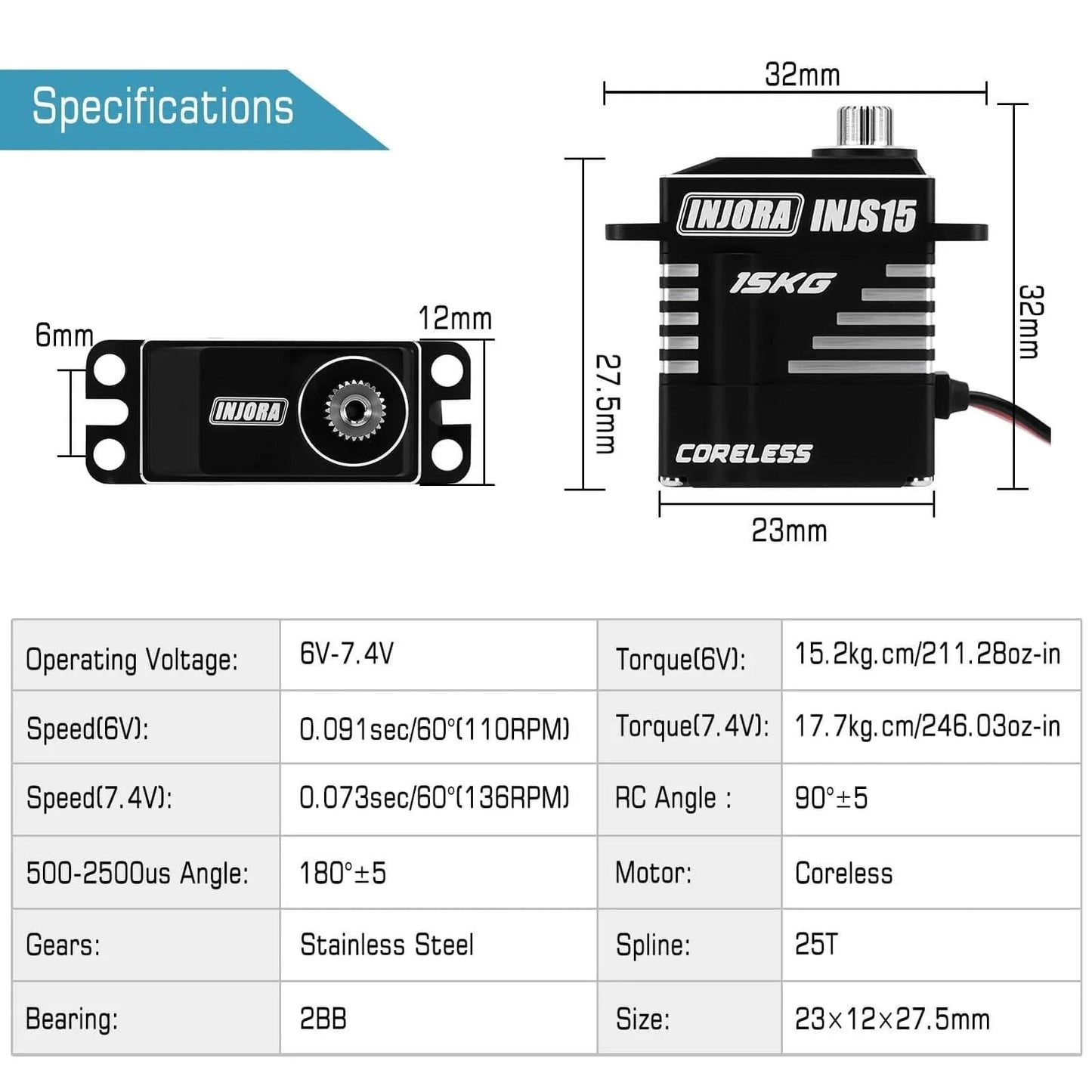 Specifications of 15KG Coreless High Torque Micro Servo for 1/18 1/24 RC Crawler Upgrade with stainless steel gears.