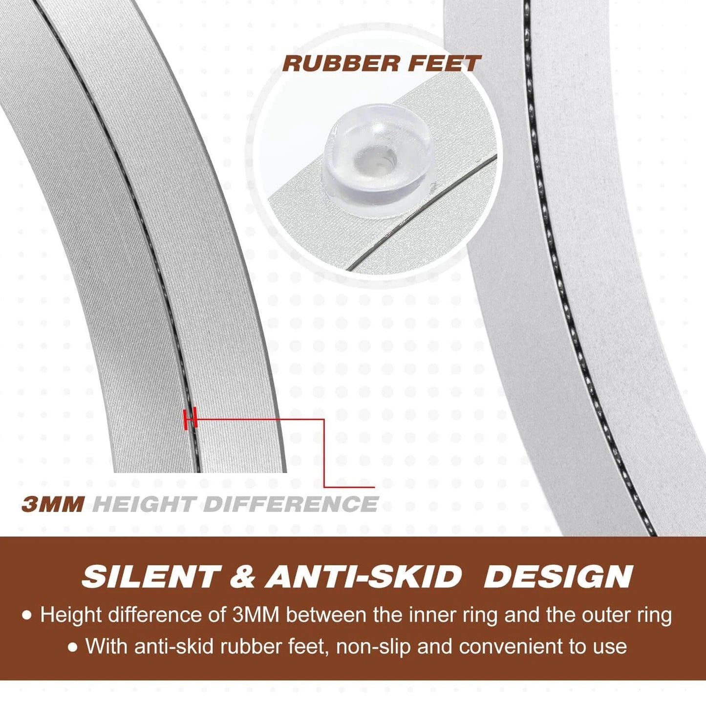 Close-up of aluminum turntable showing rubber feet and 3mm height difference for 2 Pack 16 Inch Aluminum Lazy Susan Turntable Bearings.