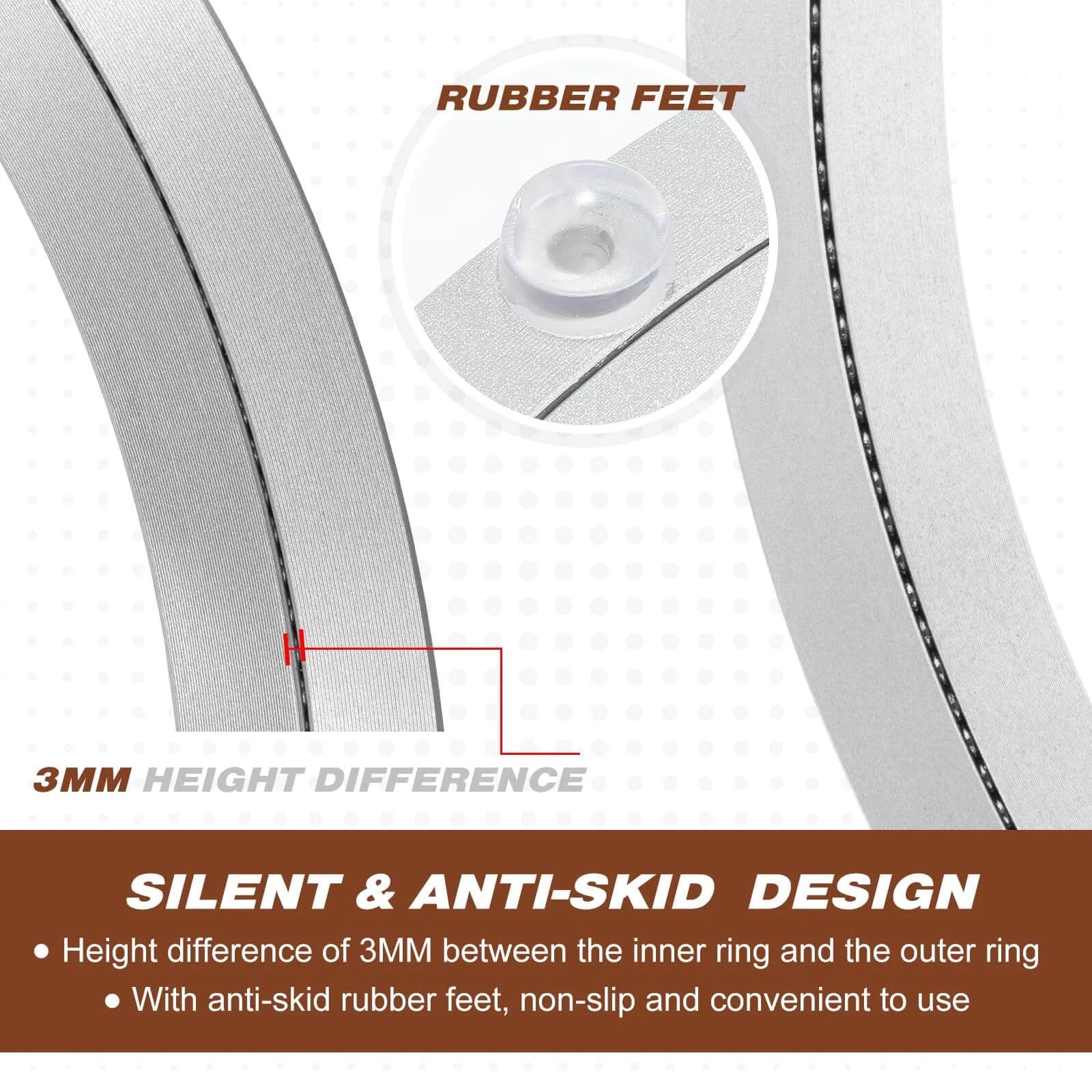 Close-up of aluminum turntable showing rubber feet and 3mm height difference for 2 Pack 16 Inch Aluminum Lazy Susan Turntable Bearings.