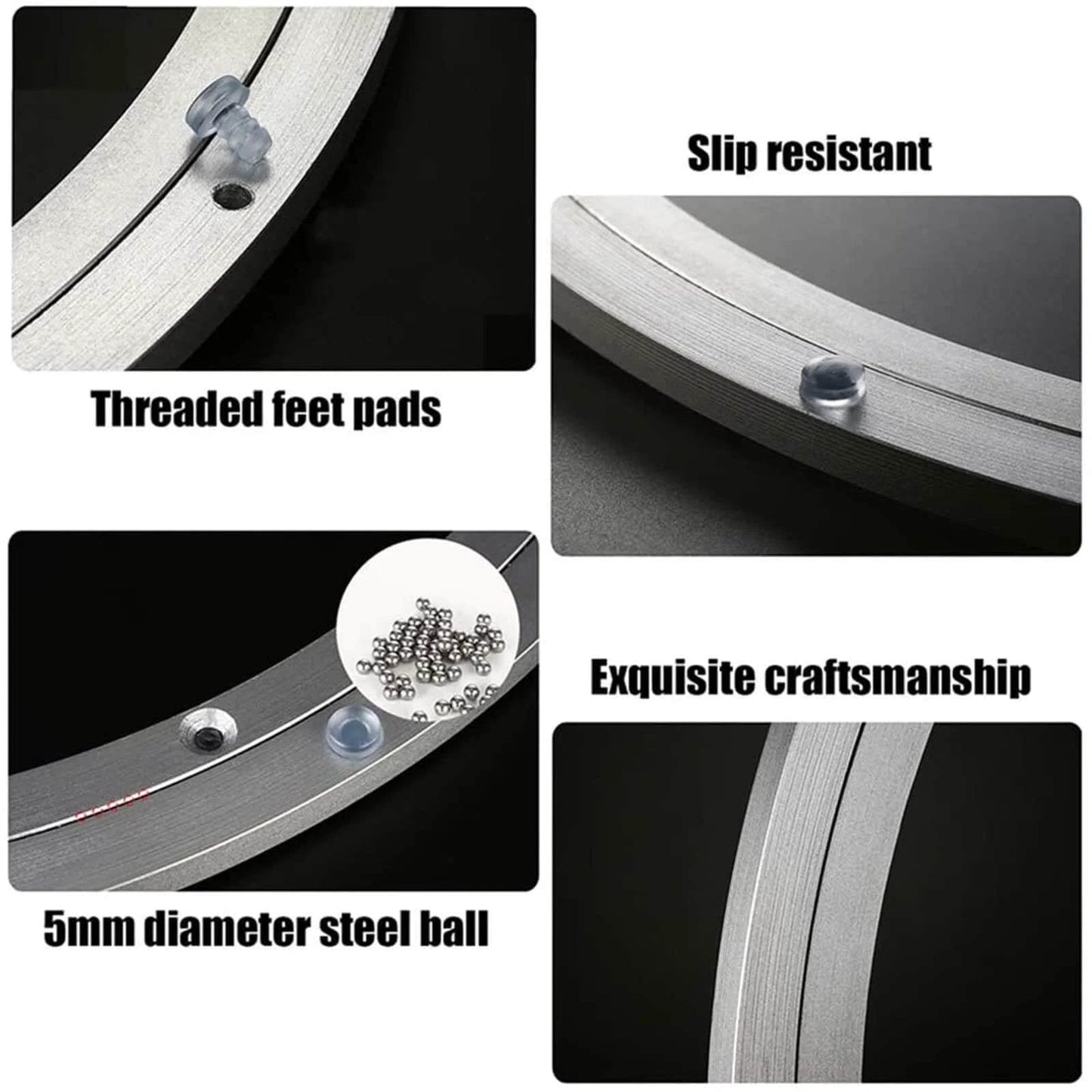 Close-up details of 16 Inch Aluminum Lazy Susan Turntable Bearing, heavy duty swivel round rotating plate with non-slip feet and steel balls