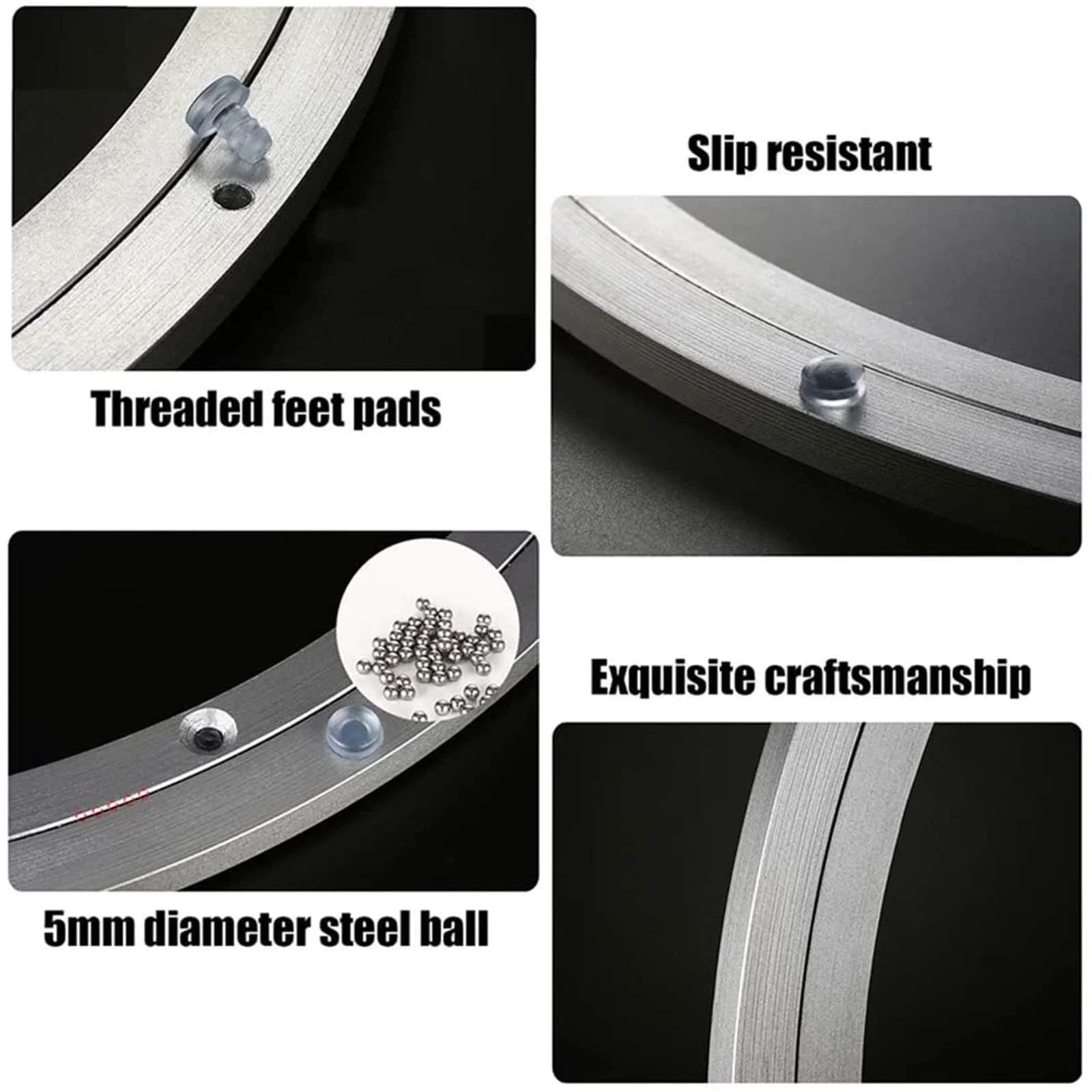 Close-up details of 16 Inch Aluminum Lazy Susan Turntable Bearing, heavy duty swivel round rotating plate with non-slip feet and steel balls