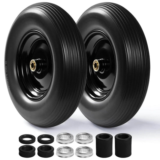 16 Inch Flat Free PU Tire 2 Pack heavy duty solid polyurethane replacement wheels with steel hubs and 5/8 and 3/4 inch bearings.