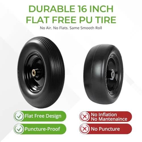 16 Inch Flat Free PU Tire 2 Pack heavy duty solid polyurethane replacement wheels showing flat free design and puncture-proof features.
