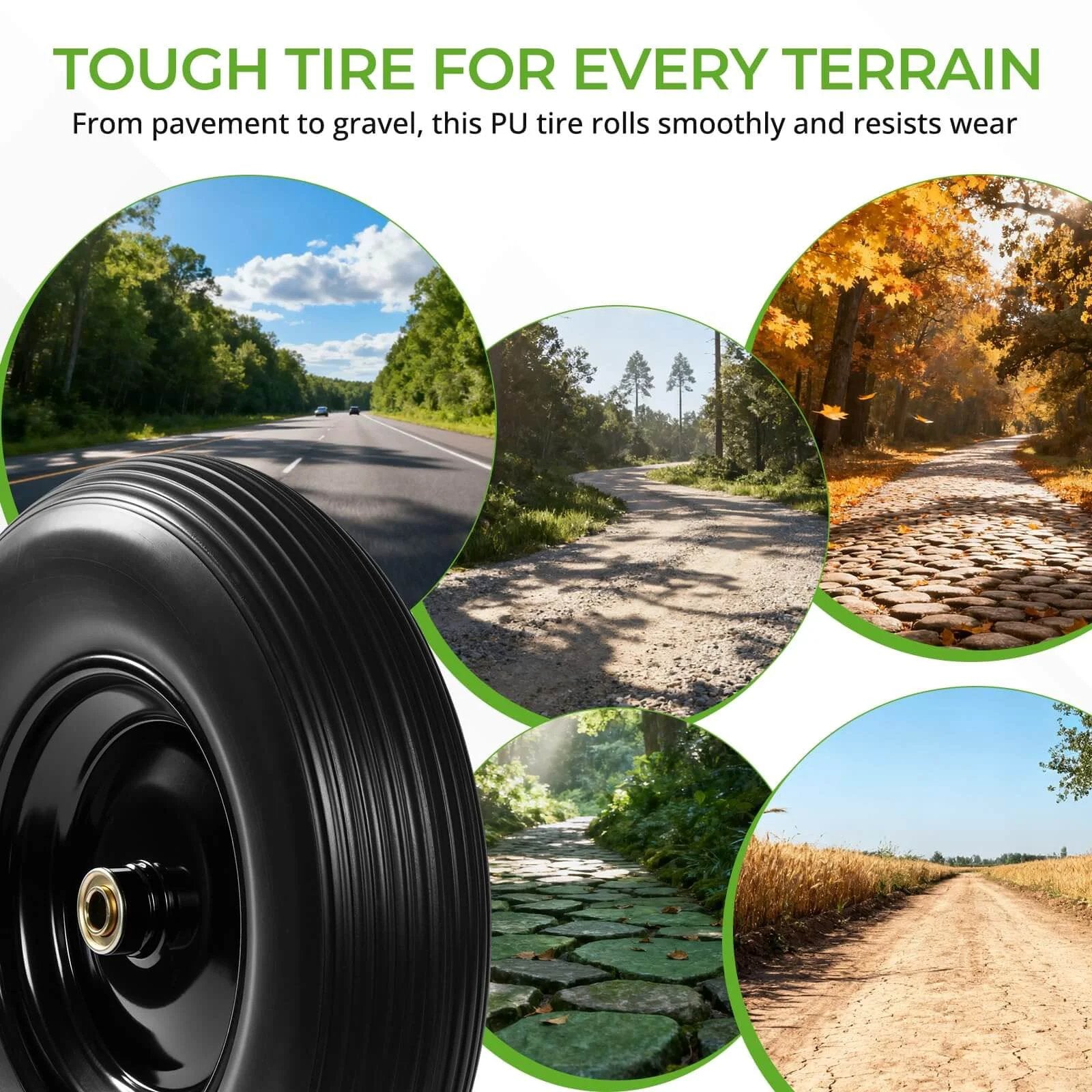 Close-up of 16 Inch Flat Free PU Tire 2 Pack showcasing tough treads for all terrain use, ideal for wheelbarrows and garden carts.
