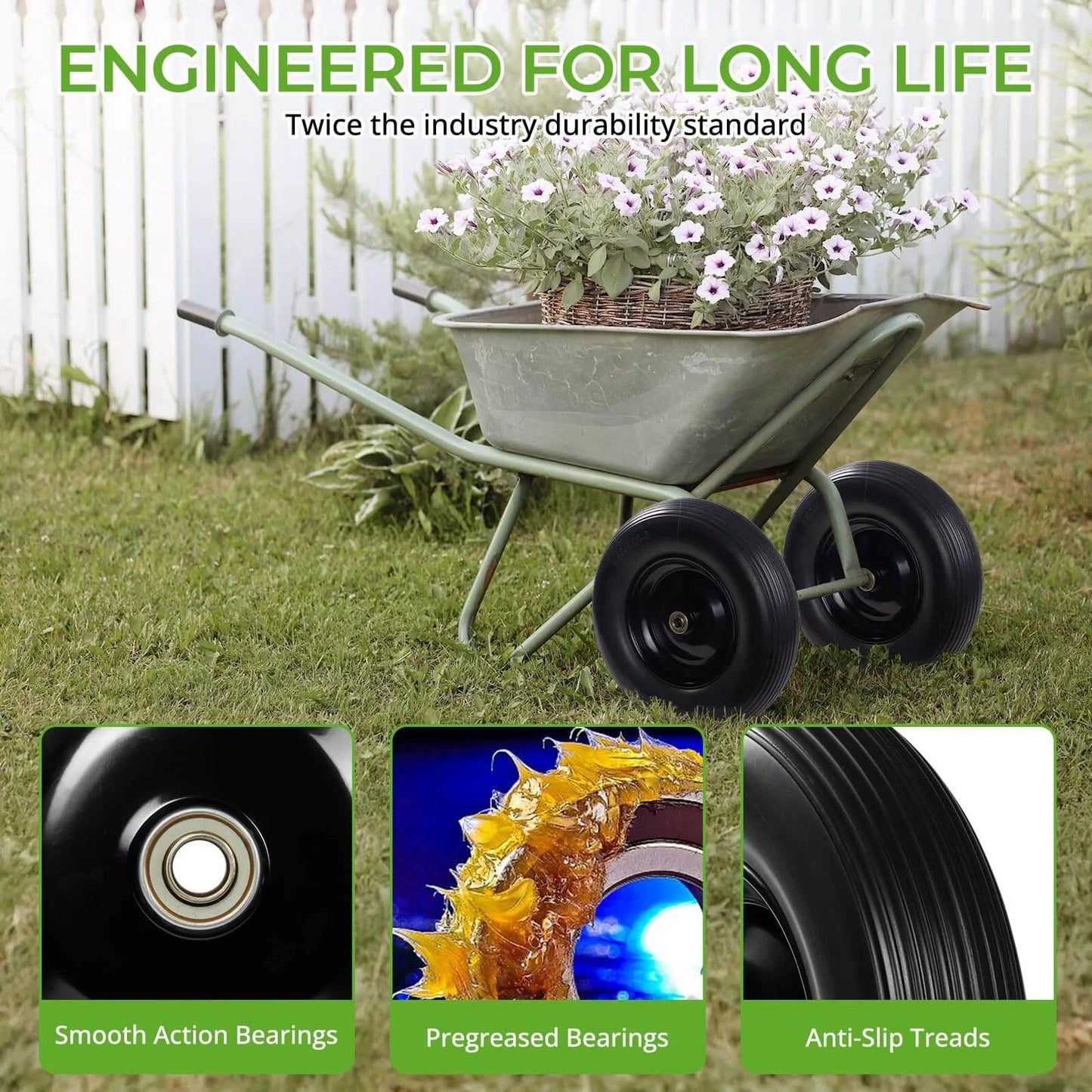 16 Inch Flat Free PU Tire 2 Pack heavy duty solid polyurethane replacement wheels on wheelbarrow with flowers.