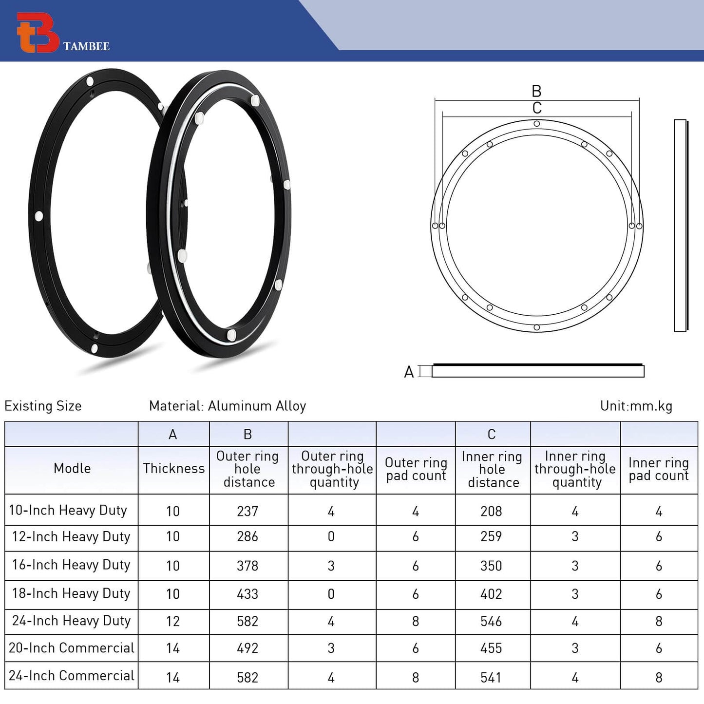 Diagram and specifications for 16 Inch Lazy Susan Hardware Heavy Duty Metal Rotating Turntable Bearing Ring Black Base.