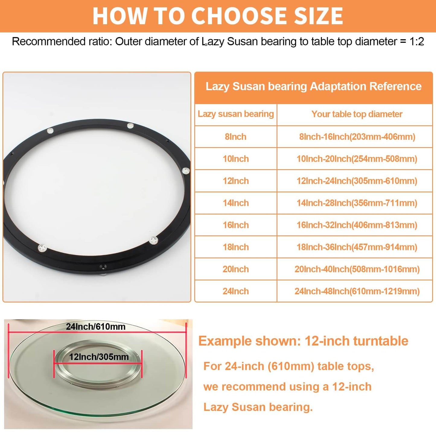 Size guide for 16 Inch Lazy Susan Hardware Heavy Duty Metal Rotating Turntable Bearing Ring Black Base with dimensions and recommendations