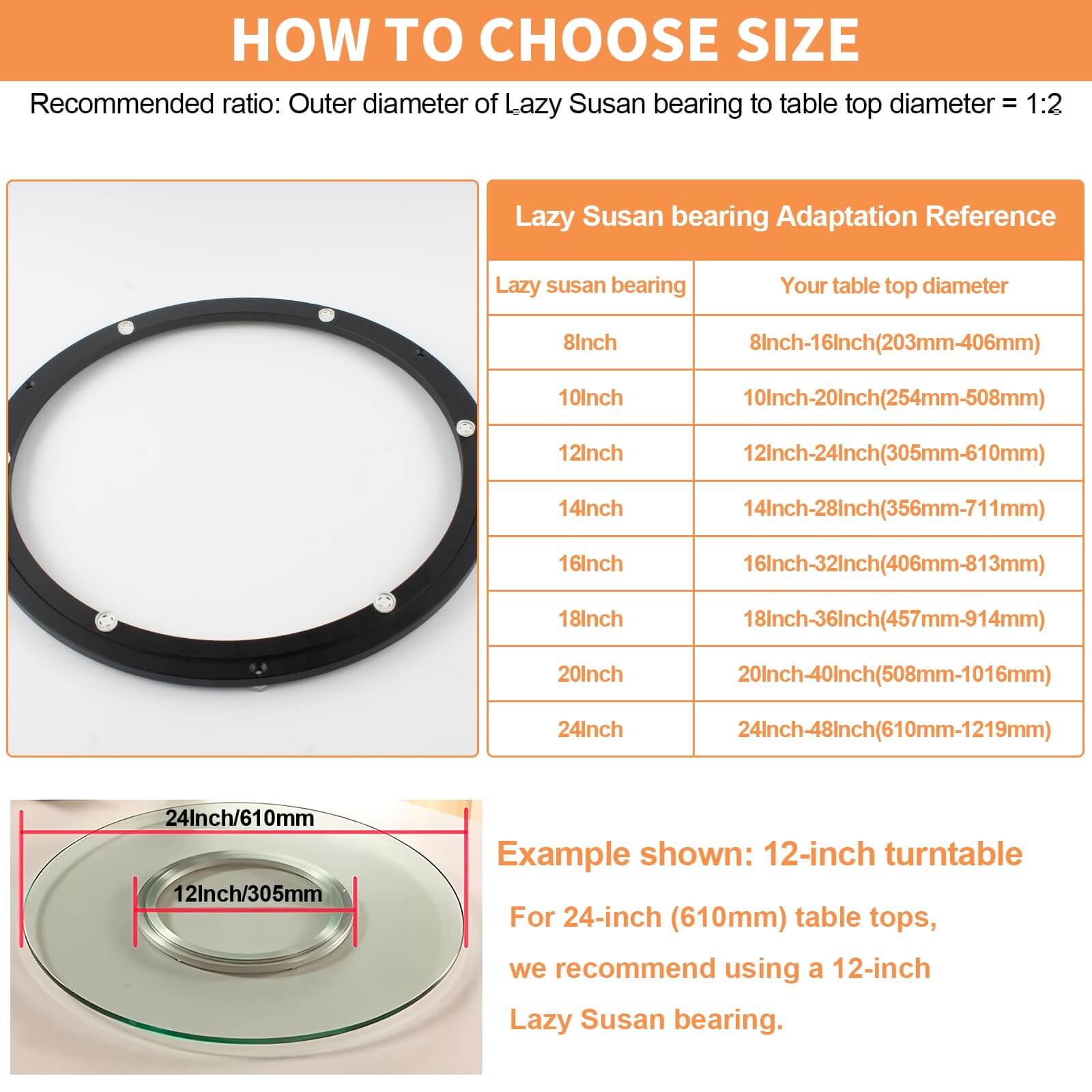 Size guide for 16 Inch Lazy Susan Hardware Heavy Duty Metal Rotating Turntable Bearing Ring Black Base with dimensions and recommendations