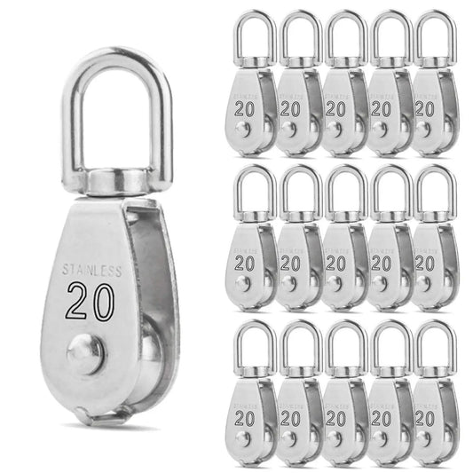 16 Pack M20 Single Pulley Block With 200lbs Load Capacity In 304 Stainless Steel Swivel Pulley shown in group arrangement