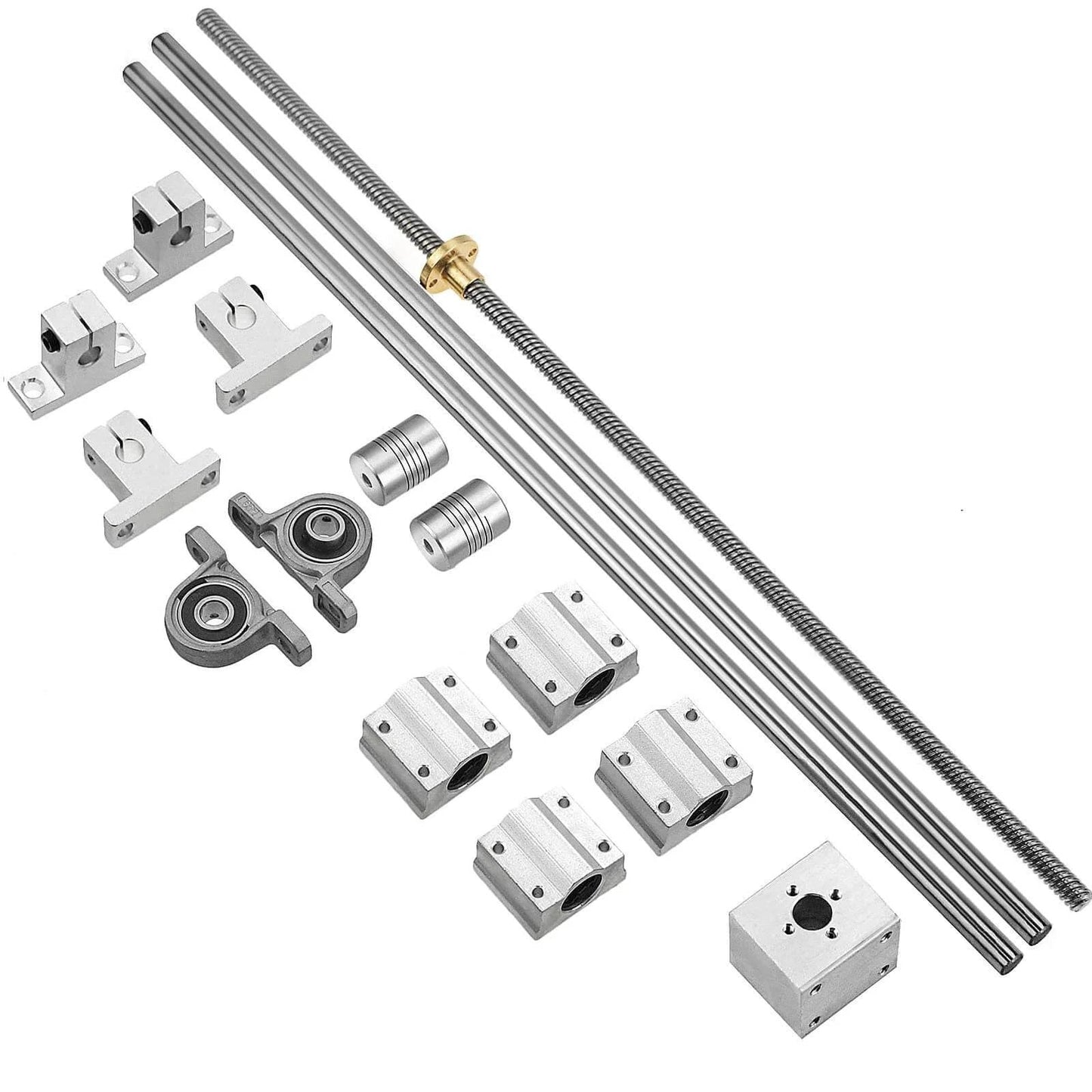 16 Piece 150mm Linear Motion Set with 8mm rods, lead screw, SK8 supports, SCS8UU bearings, KP08 pillow blocks, and flexible couplings