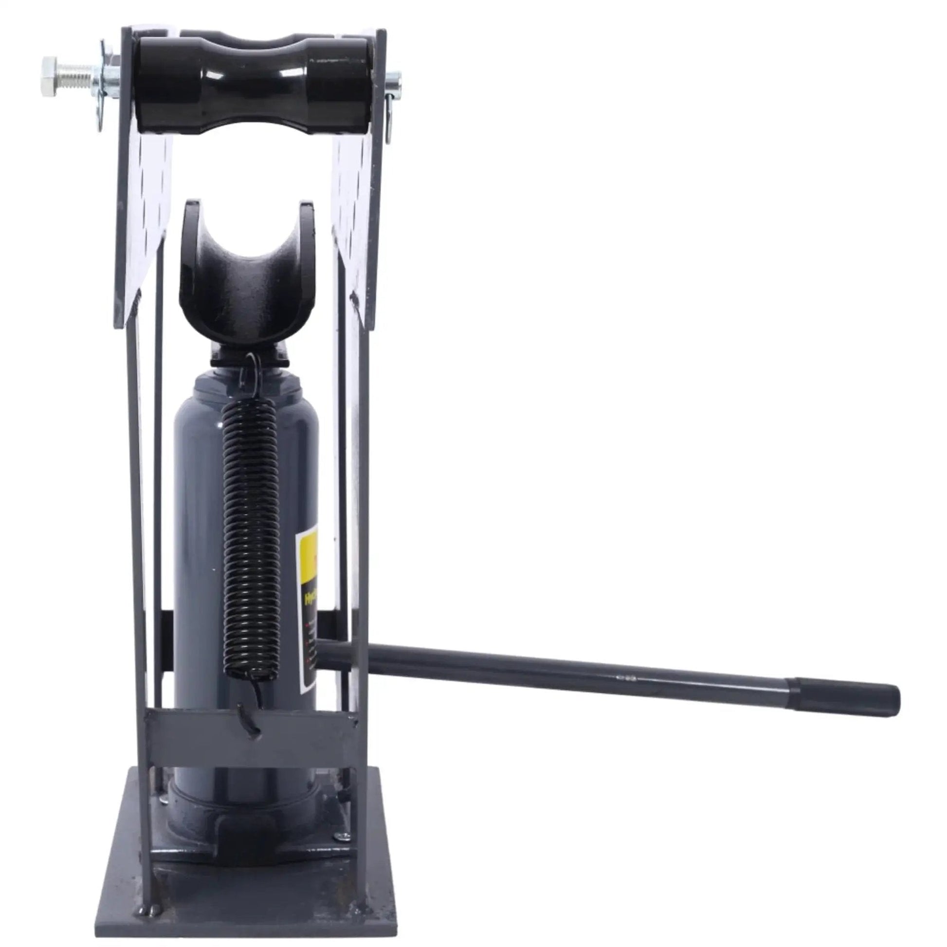 Front view of 16 Ton Manual Hydraulic Pipe Bender With Eight Dies For One Half To Three Inch Pipes, heavy-duty steel frame, gray.