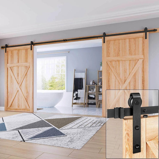 16 FT Double Door Sliding Barn Door Hardware Track Kit with basic J pulley, smooth and quiet ball bearing rollers, black powder coated aluminum rail, easy install system for double 48 inch wide doors,