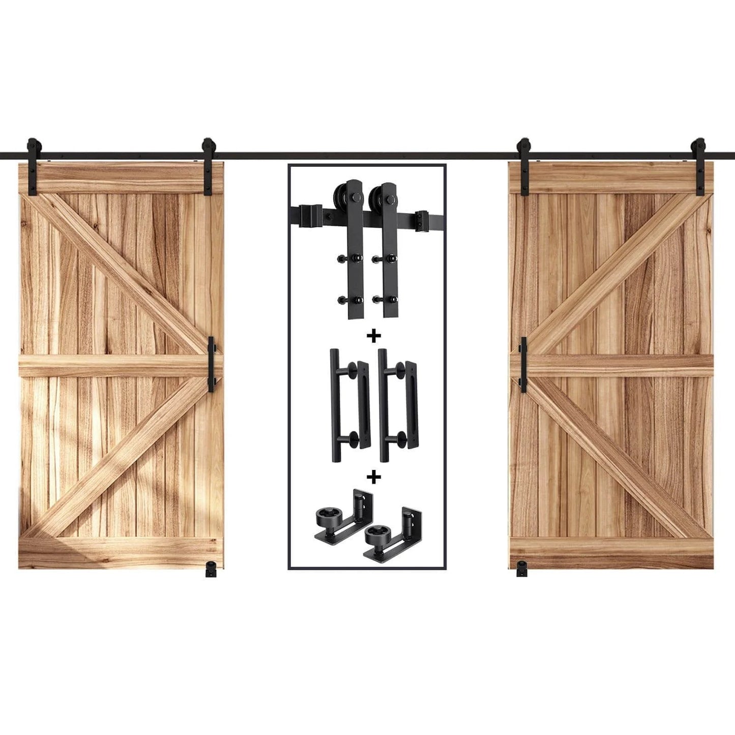 16 FT Double Sliding Barn Door Hardware Kit with track and handles for double 44 to 48 inch wide doors, shown installed on wood doors.
