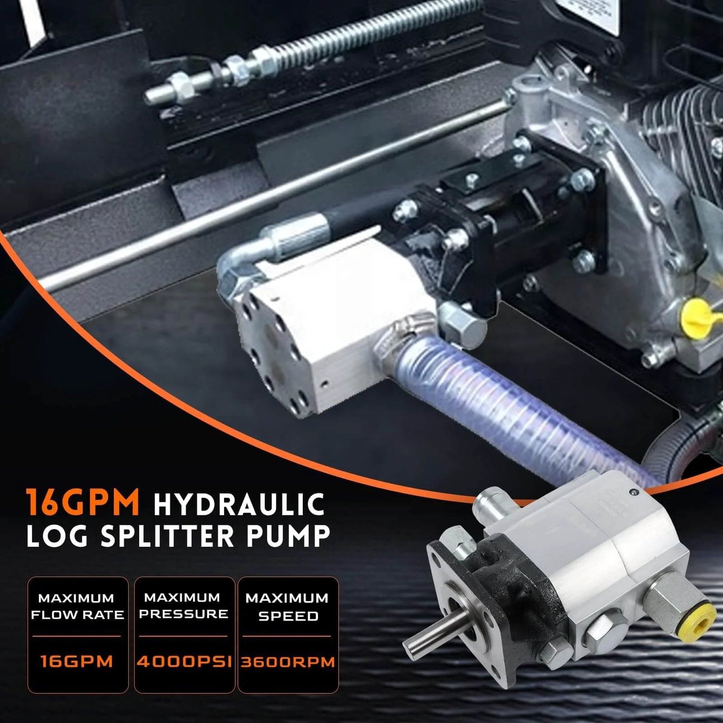 PumpShark 16 GPM 2 Stage Hydraulic Log Splitter Pump with 4000PSI, 3600RPM, 1/2 NPT outlet, close-up installation view.