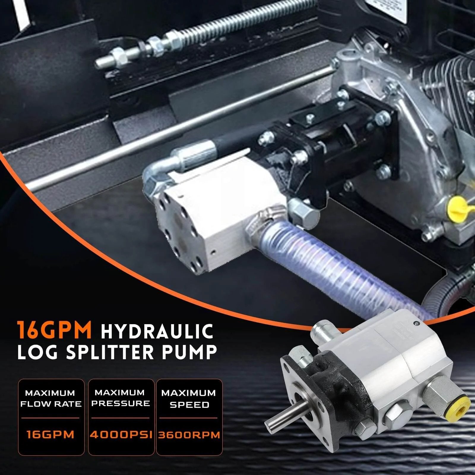 PumpShark 16 GPM 2 Stage Hydraulic Log Splitter Pump with 4000PSI, 3600RPM, 1/2 NPT outlet, close-up installation view.