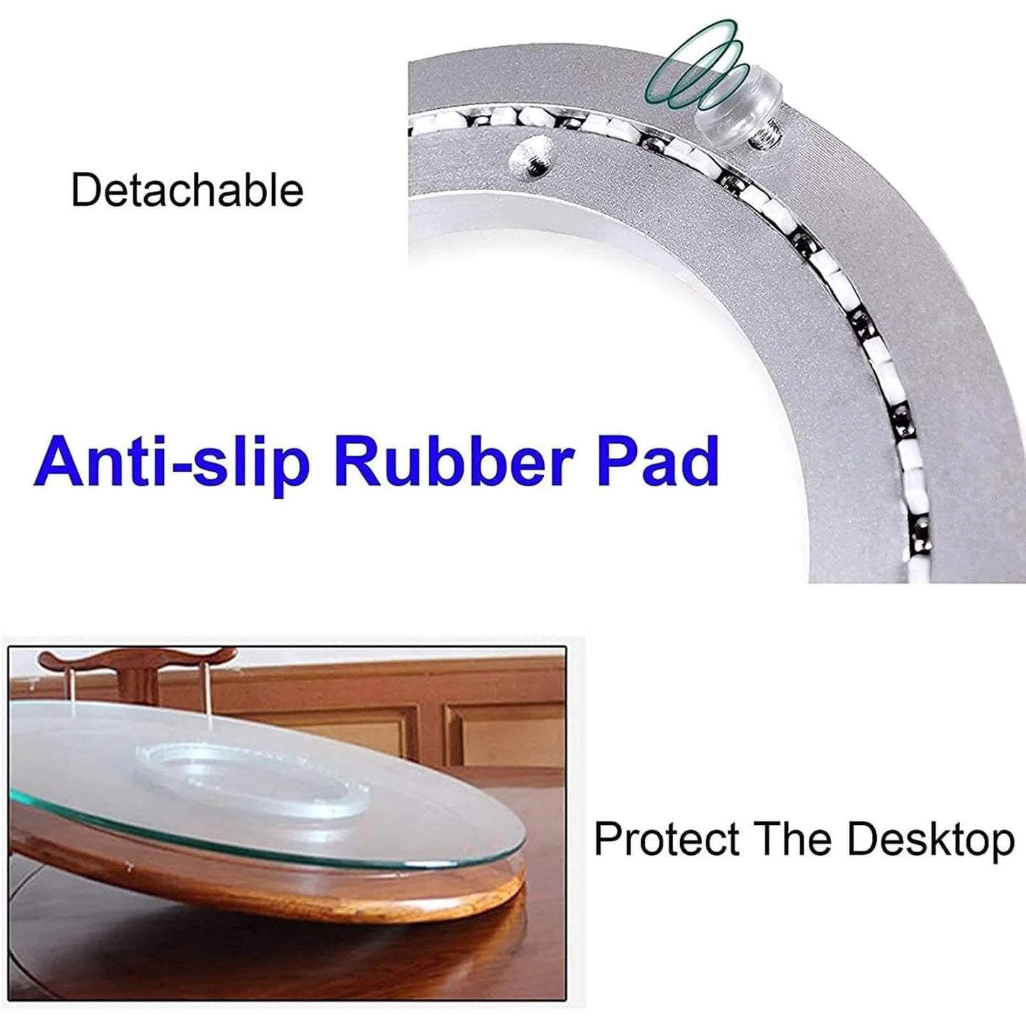 Close-up of 16 Inch Aluminum Lazy Susan Turntable Bearing showing detachable part, non-slip rubber pads, and assembly details.