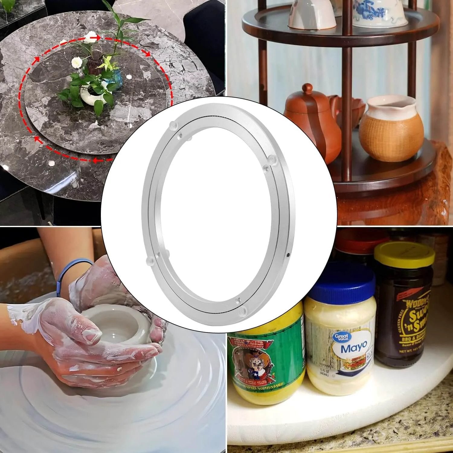 16 Inch Aluminum Heavy Duty Lazy Susan Turntable Bearing with metal swivel rotating plate, ideal for dining tables, workbenches