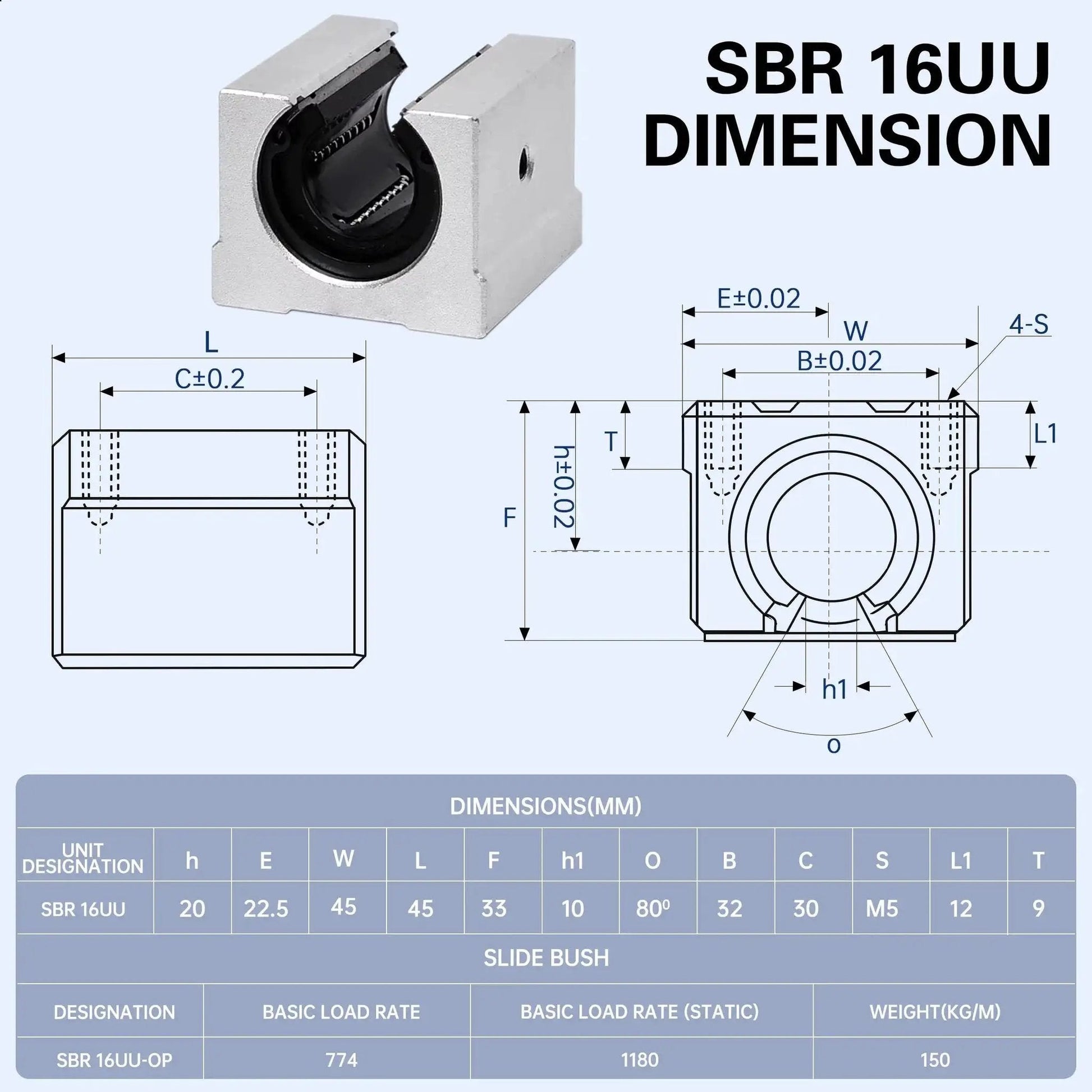 Technical drawing and dimensions of 16mm SBR16UU Linear Bearing Pillow Block Open Box Slider Set for CNC Router Parts