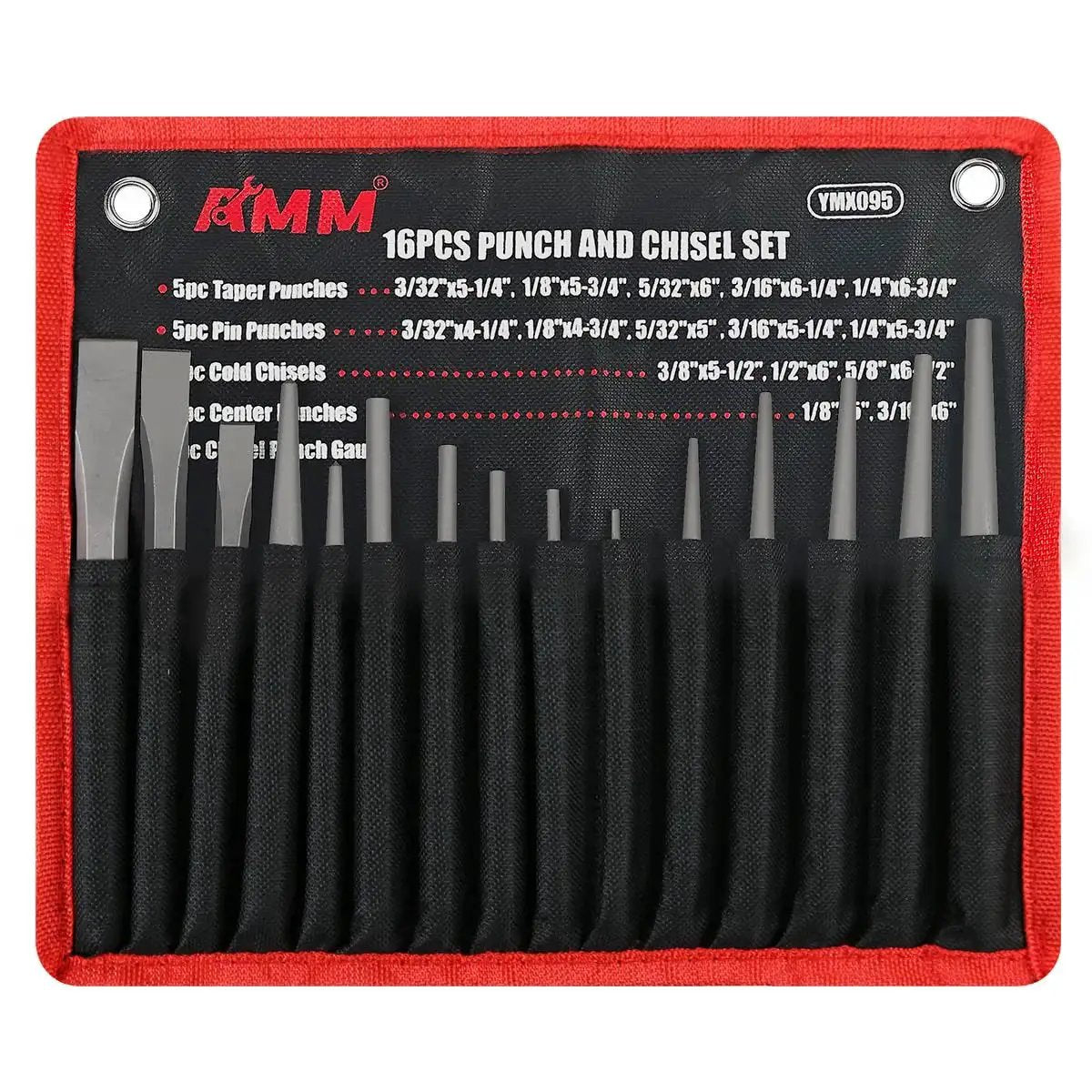 16 Piece Punch And Chisel Set With Taper Punches Cold Chisels Pin Punches And Center Punch In Cr V Steel displayed in a red case