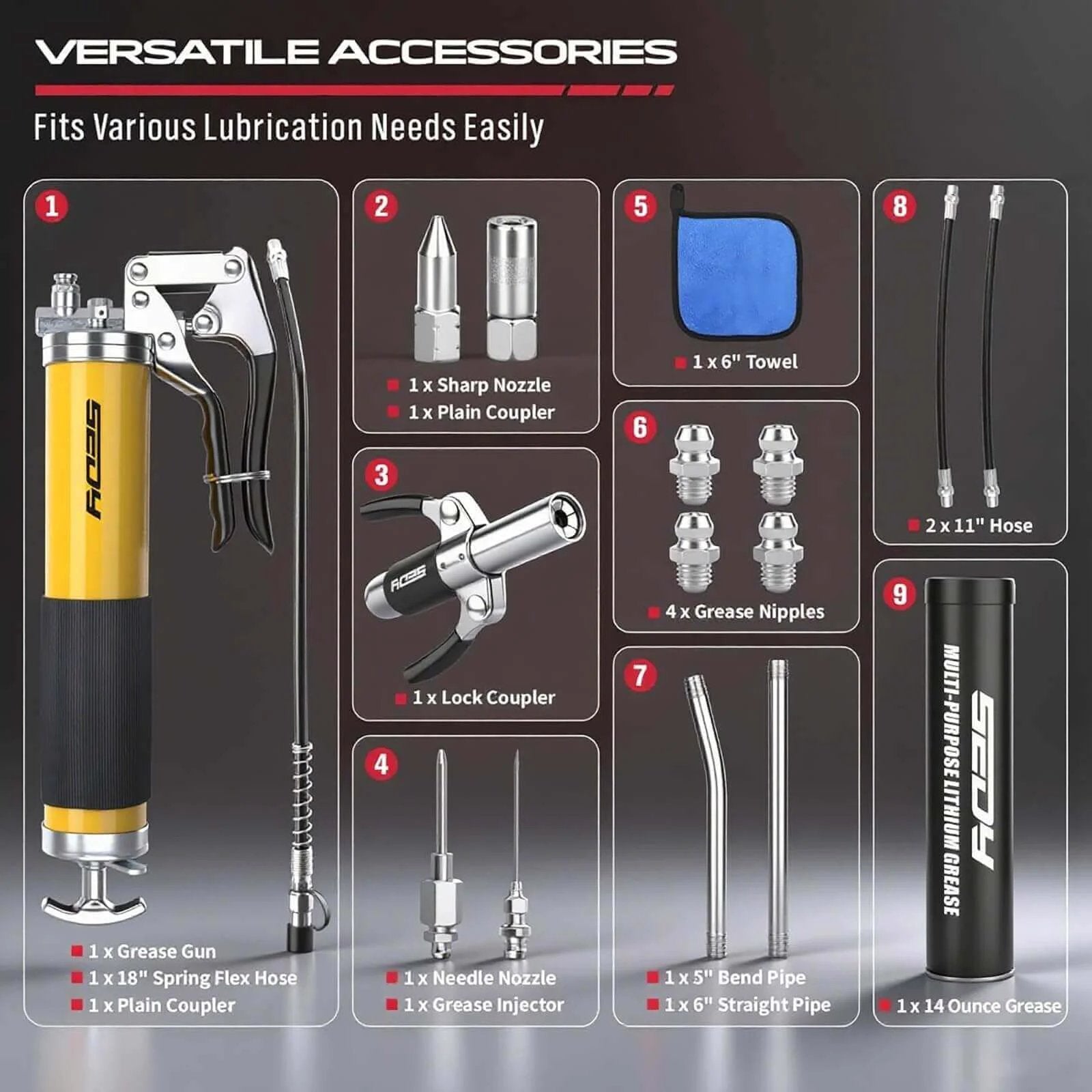 17-Piece Heavy Duty Grease Gun Kit: 14oz Grease Tube Flexible Hose Bearing Grease Pump 8000 PSI Pistol Grip Grease Guns Tool Marine Durable Connectors Adapters Extension Tubes Nozzle Easy Operation components displayed, including grease gun, couplers, hoses, and grease tube.