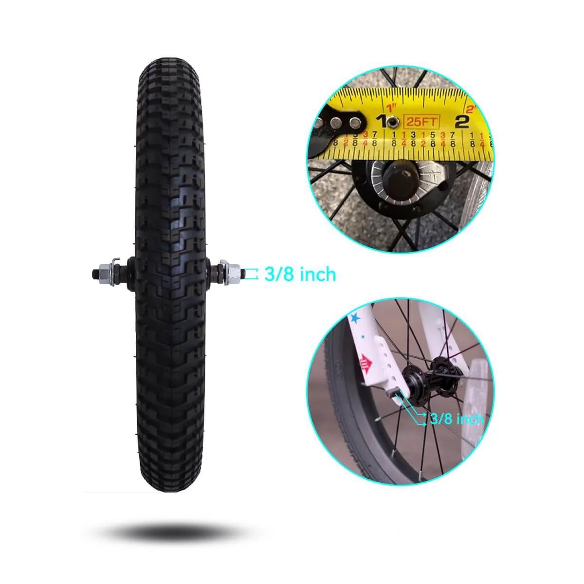 18 Inch Kids Bike Front Wheel Replacement with Air Rubber Tire, Black Steel Rim, 3/8 inch axle details, fits JOYSTAR bikes