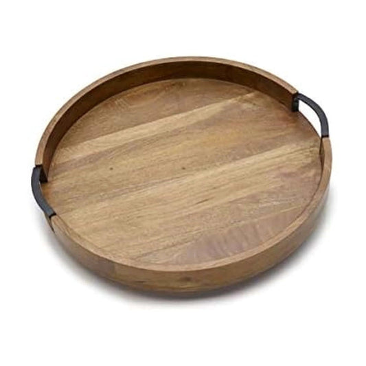 18 inch mango wood lazy susan serving tray, round rotating centerpiece designed with a high wall for dining tables