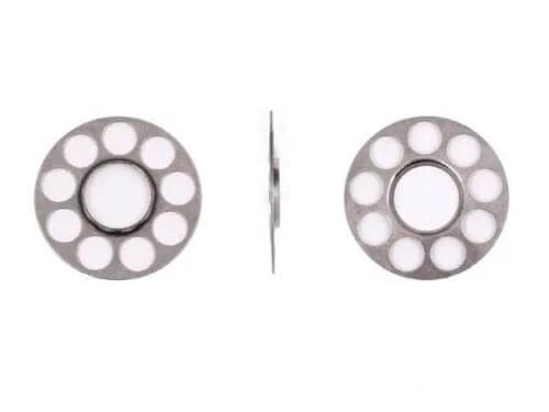 Front and side view of the ✝️ 18 Series Retainer Plate Compatible with sauer sundstrand Hydraulic Pump, Motor hpx3102750 replacement for repairs.