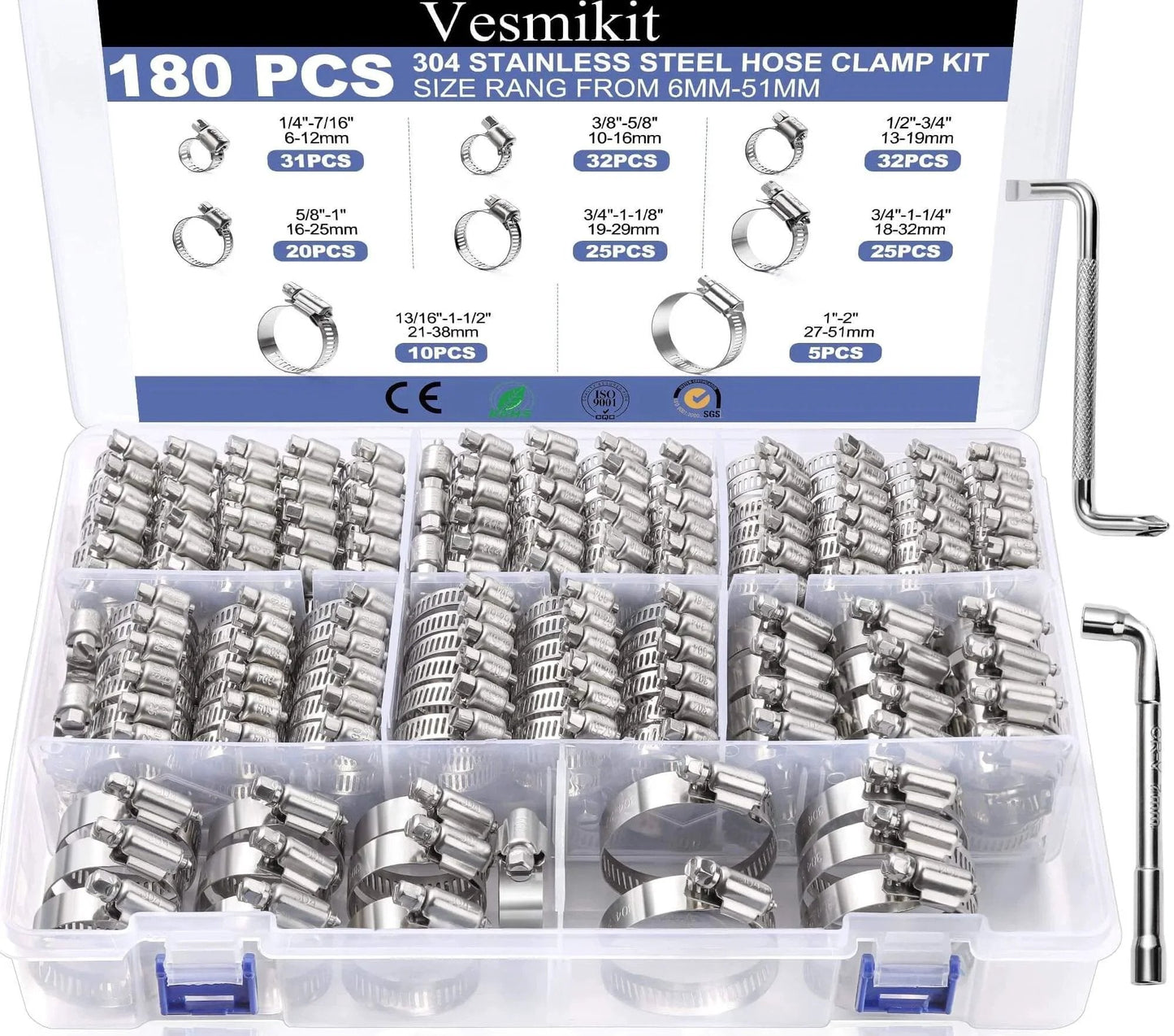 Hose Clamp Assortment 180 Pcs Stainless Steel Worm Gear Clamps Kit For Fuel Line Plumbing Automotive Mechanical Applications Pipe Tube Radiator Garden Size One Quarter Inch To Two Inches Corrosion Resistant Rustproof