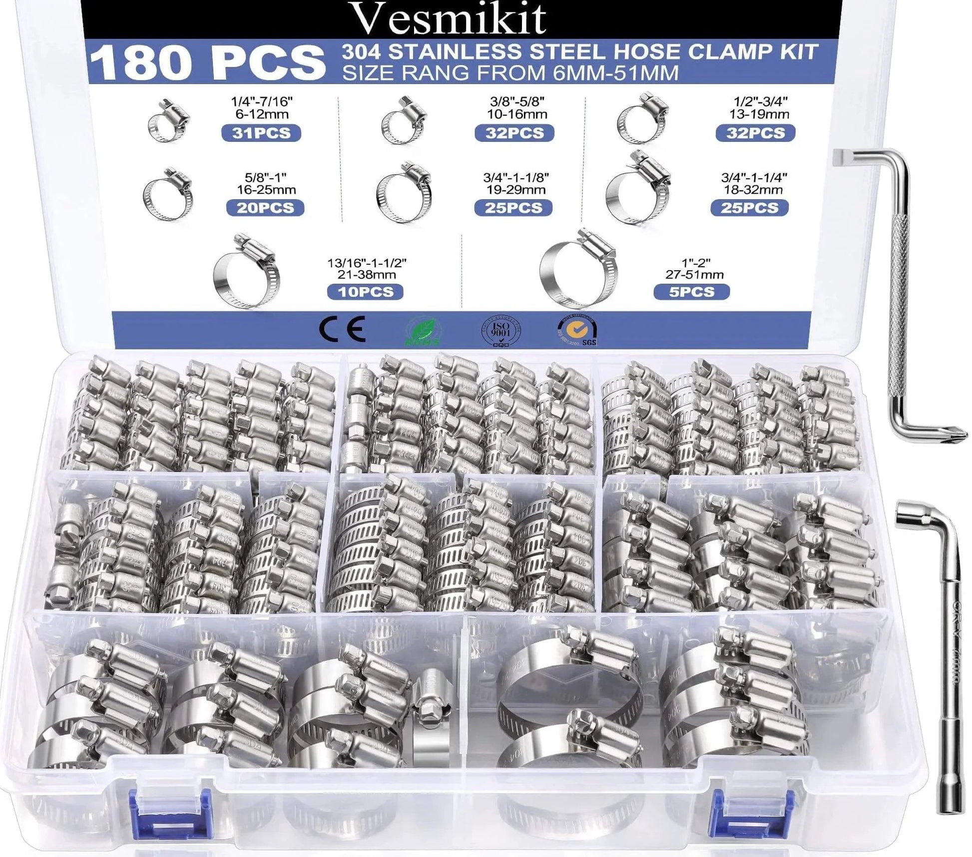Hose Clamp Assortment 180 Pcs Stainless Steel Worm Gear Clamps Kit For Fuel Line Plumbing Automotive Mechanical Applications Pipe Tube Radiator Garden Size One Quarter Inch To Two Inches Corrosion Resistant Rustproof