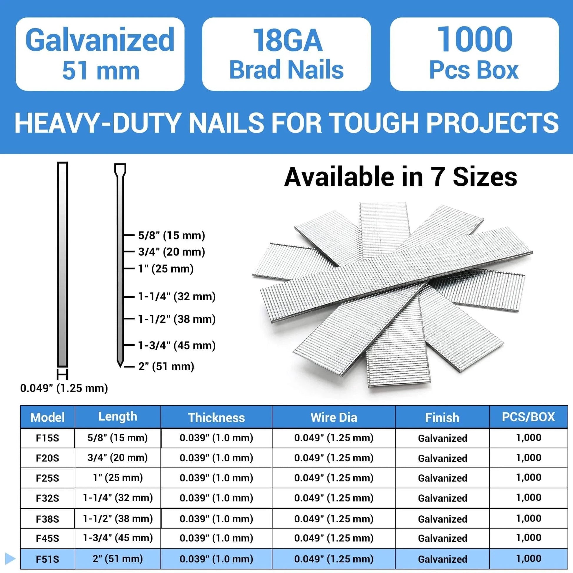 Chart showing 18 Gauge Brad Nails 2 Inch Galvanized 1000 Count For Pneumatic Brad Nailer Meite F32 F50C dimensions and sizes