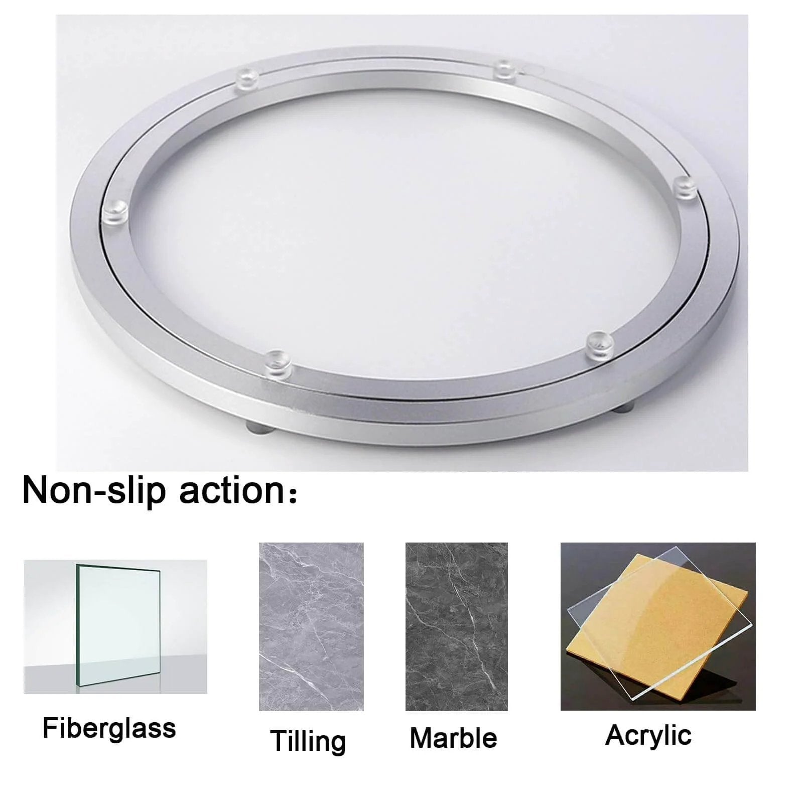 18 Inch Heavy Duty Aluminum Lazy Susan Bearing with non-slip feet, smooth polished balls, and dust resistant design for dining tables and workbenches.