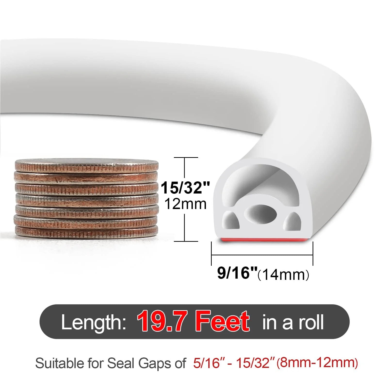 Upgrade Your Doors And Windows With 19.7Ft Silicone Weather Stripping Seal featuring a multilayer soundproof chamber design, close-up view of strip with dimensions.