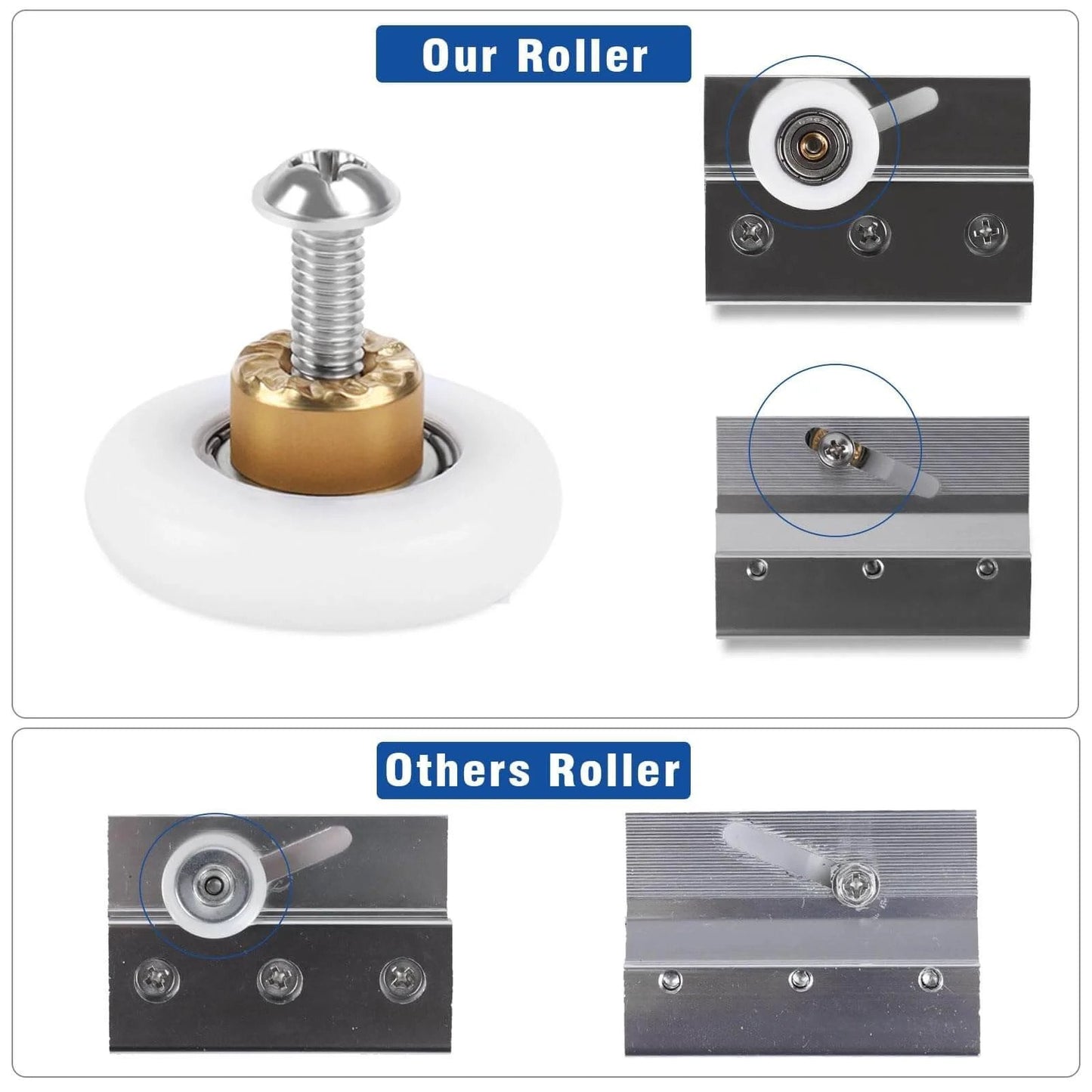 Comparison of our 19mm Shower Door Rollers Replacement Set with 304 stainless steel runners to other rollers for sliding glass doors.