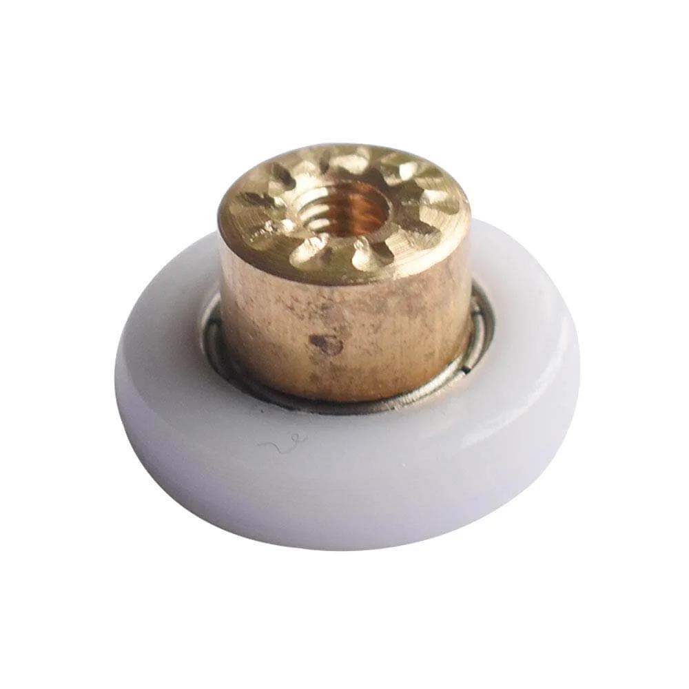 Close-up of a 19mm Shower Door Roller with brass center, shown for replacement in glass sliding shower doors, part of a 4PCS set.