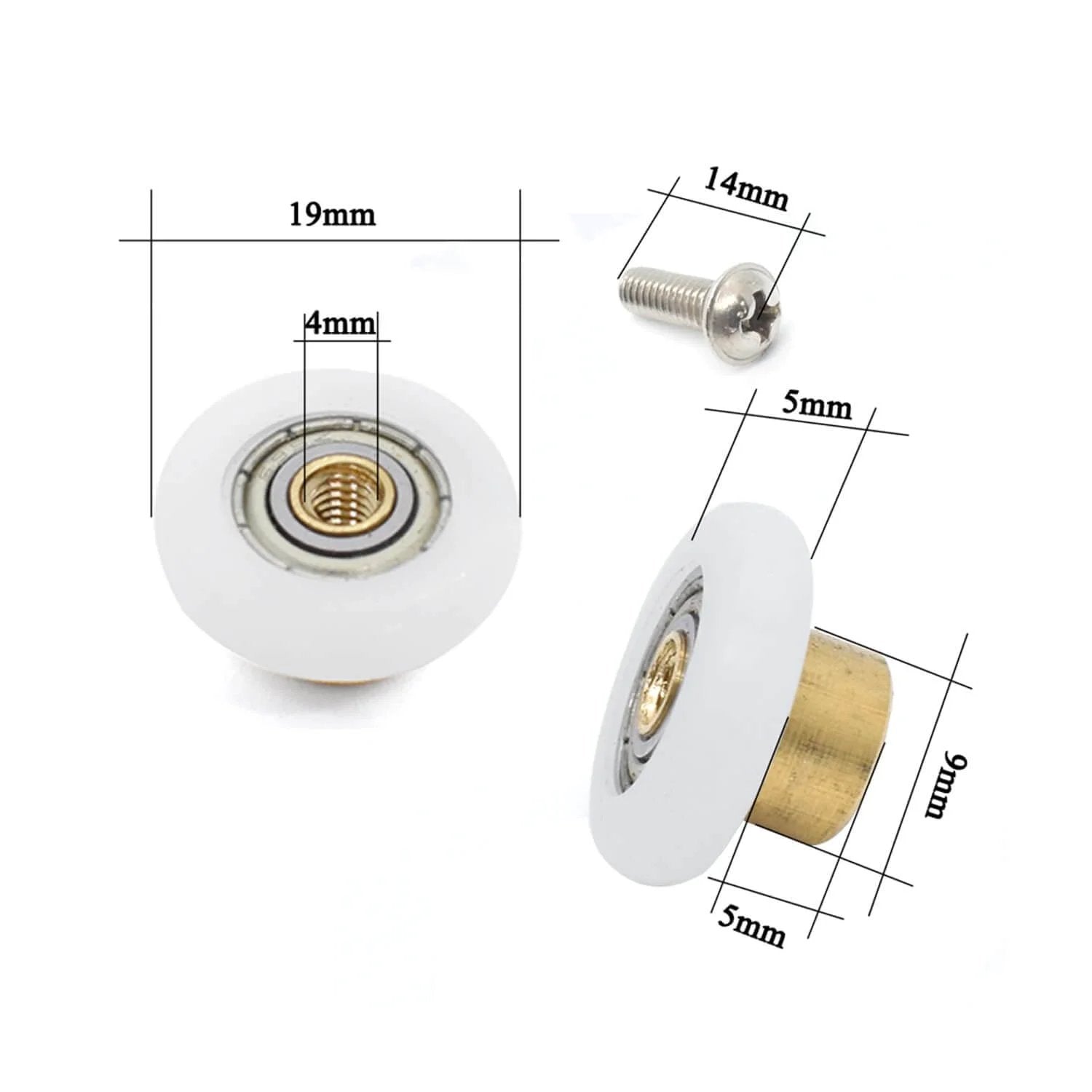 19mm Shower Door Rollers 4PCS Glass Sliding Door Pulley Replacement Wheels with brass core and nylon casing, includes screw