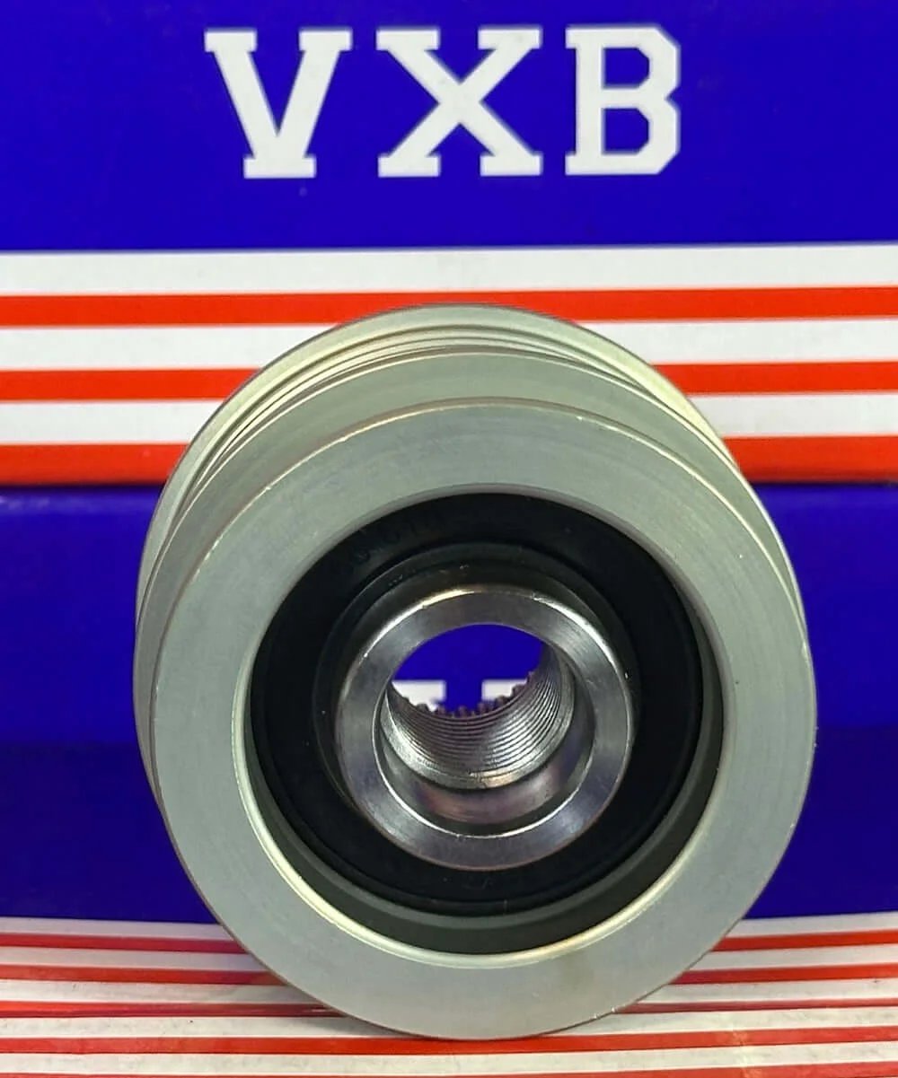 F‑553392 Alternator Freewheel Clutch Pulley 5 Groove, 54 mm OD 535012110 shown from the front against a blue and red backdrop.
