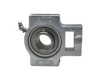 Front view of MUCST202-10NP 5/8 in Take-Up Unit with Stainless Set Screw, Single Sealed Ball Bearing, Nickel-Plated Cast Iron Housing.