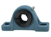 Front view of UELP207-20 Accu-Loc low-base pillow block bearing single unit for 1-1/4 in shaft, 1-1/4 in wide low shaft height, sealed ball bearing.